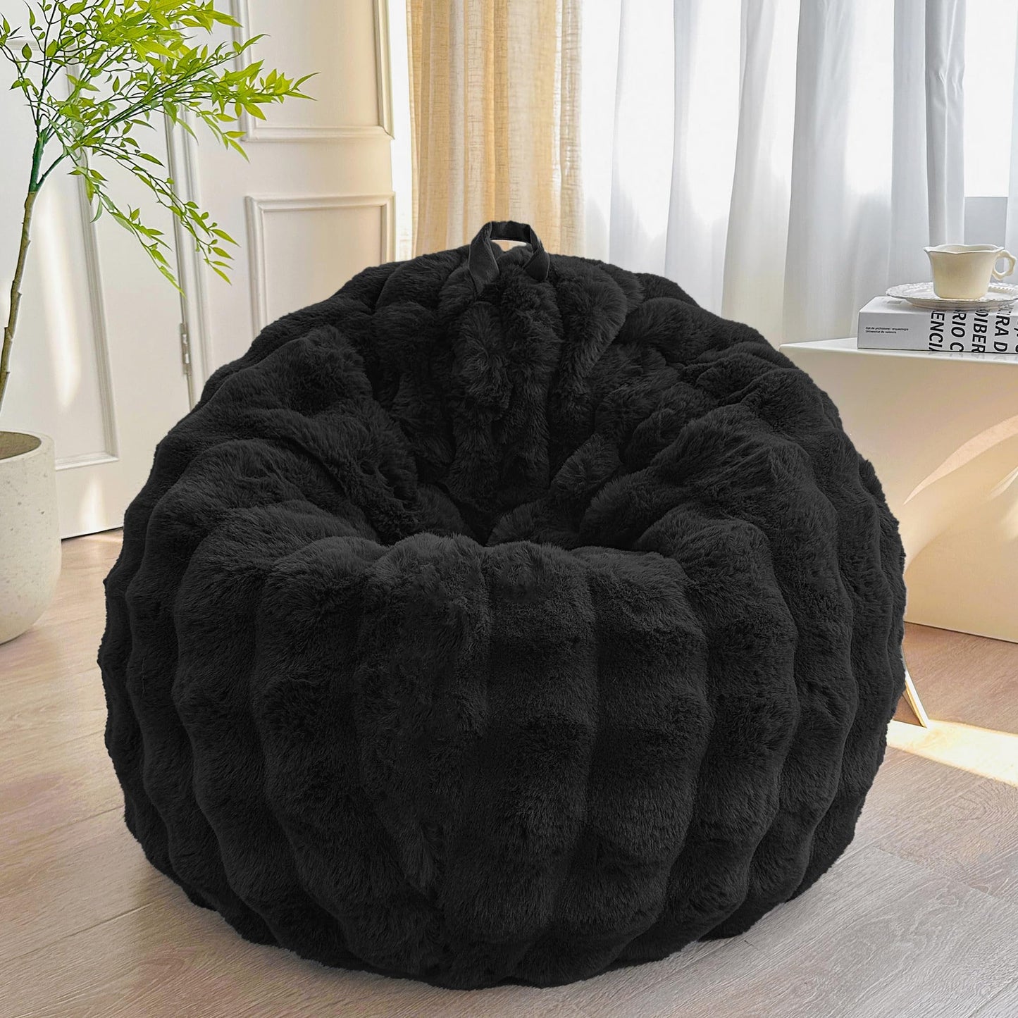 LIFEREVO 3FT Fluffy Faux Rabbit Fur Bean Bag Chair Cover, No Filler, Black