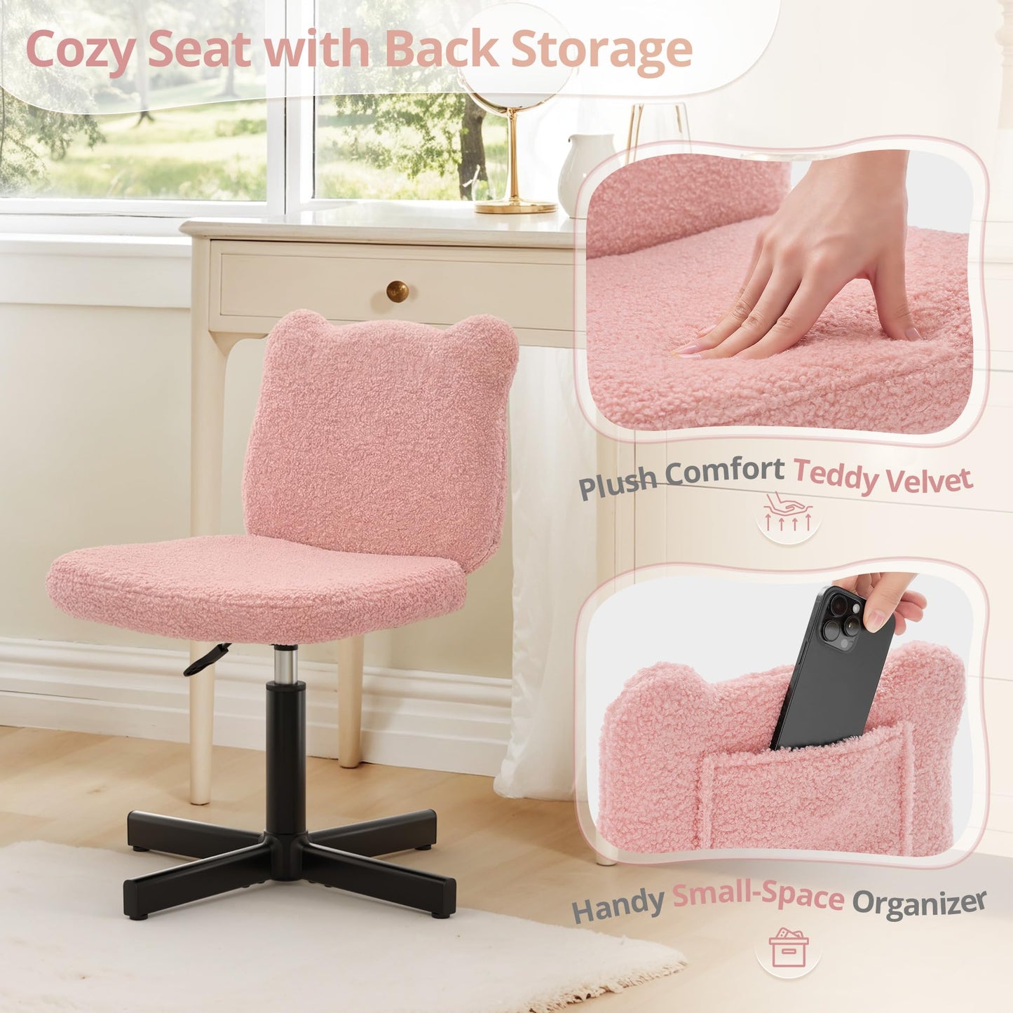 LUE BONA 360° Swivel Vanity Stool with Bear Ear Backrest, Height Adjustable Teddy Velvet Dressing Table Chair, Pink