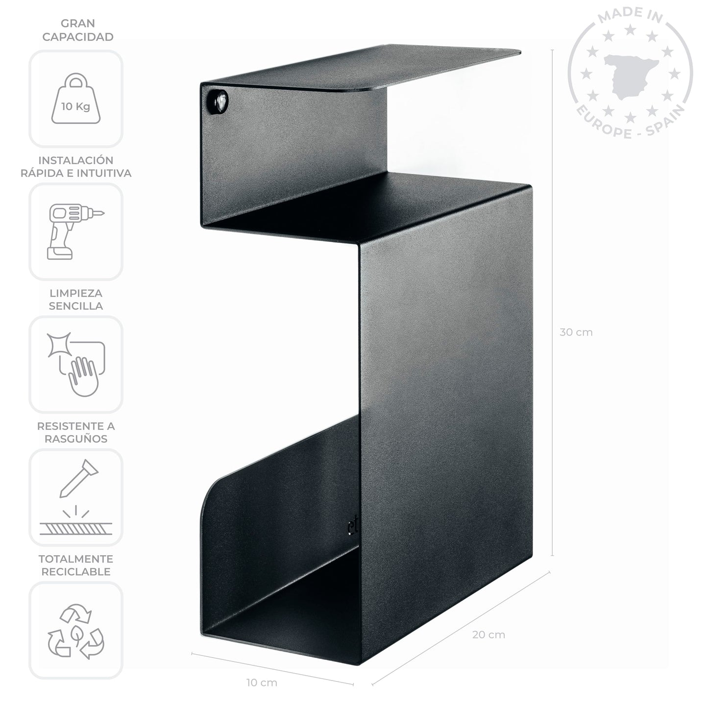 etterr Set of 2 Narrow Floating Bedside Tables | 100% Steel | Black | Made in Europe