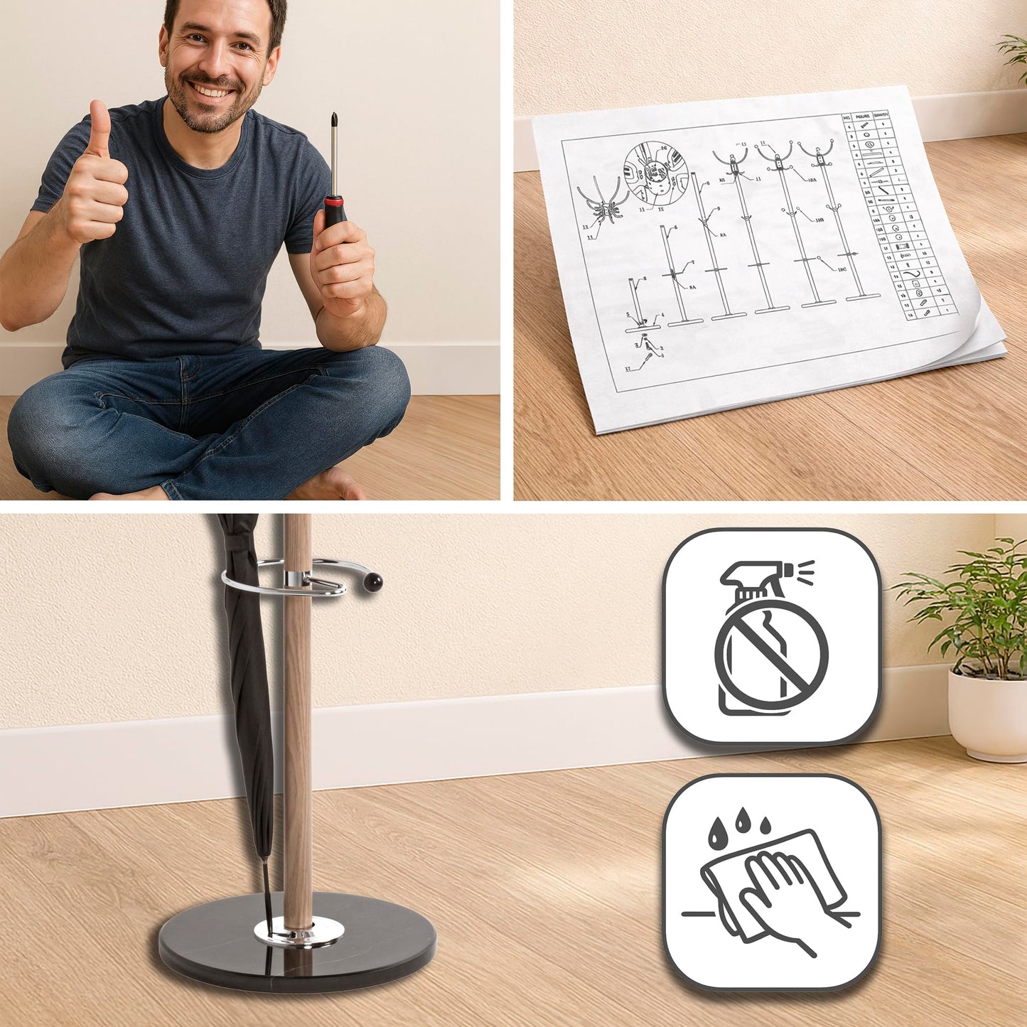 HAKU Coat rack chrome, black, marble, metal coat rack - Dimensions: H 179 x Ø 40 cm, Style: Modern