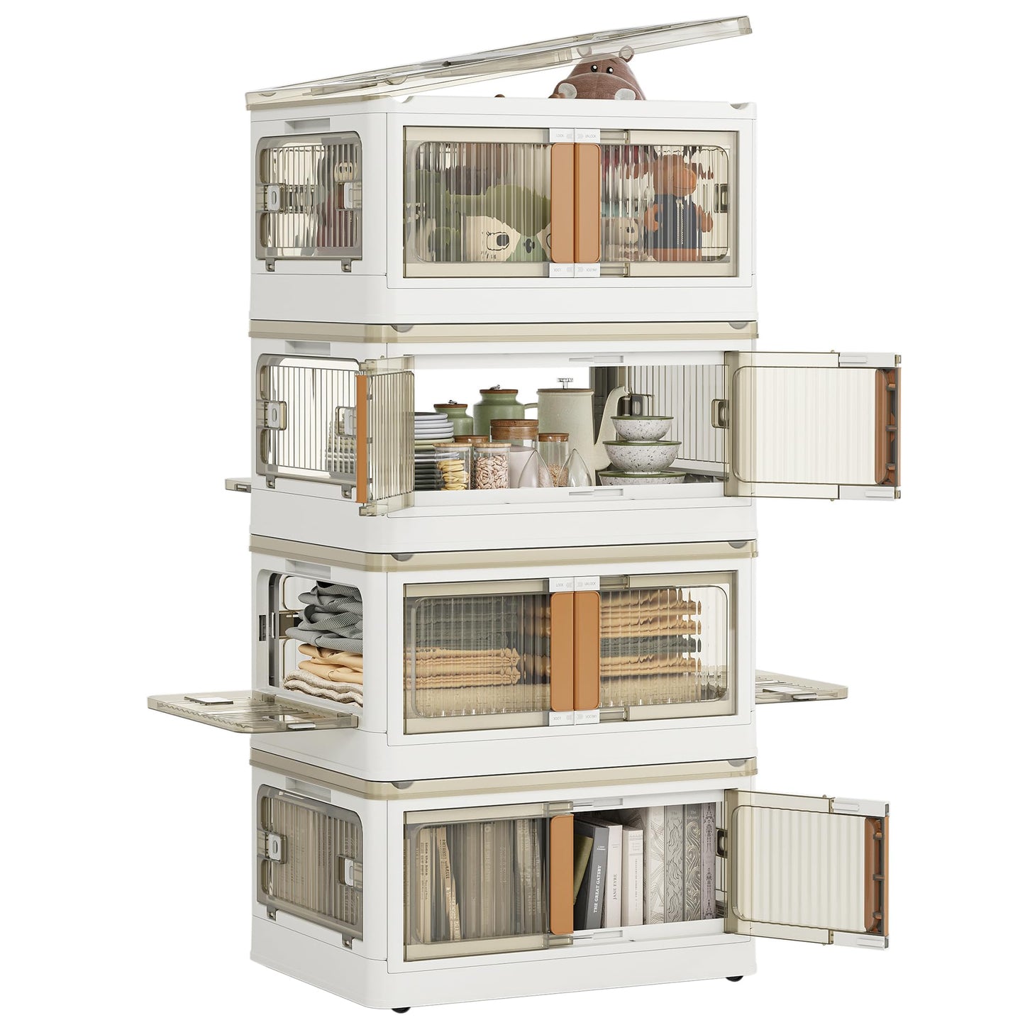 NETEL Storage Boxes With Lids, 4 x 83 L Plastic Storage Box with Lid, Stackable storage Boxes with wheels, Transparent Wardrobe Storage Organiser