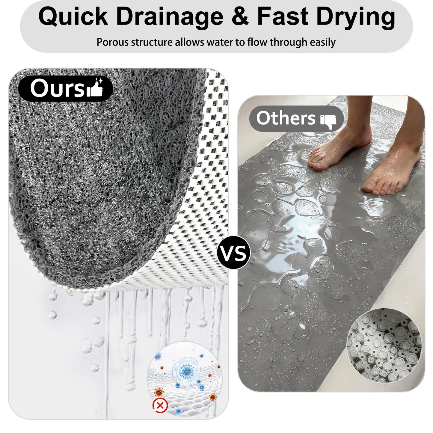 Shower Mat Non Slip Anti Mould: Bath Mats for Inside Bath- 60 x 40 cm Anti Slip Shower Mats for Inside Shower- Loofah Shower Mat Grey Long Washable