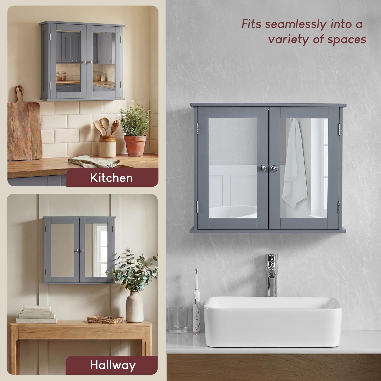 Bath Vida Priano 2 Door Bathroom Wall Cabinet | Grey | Space-Saving Storage | 60H x 60W x 15D cm | Adjustable Shelf | Modern Wooden Cupboard Unit