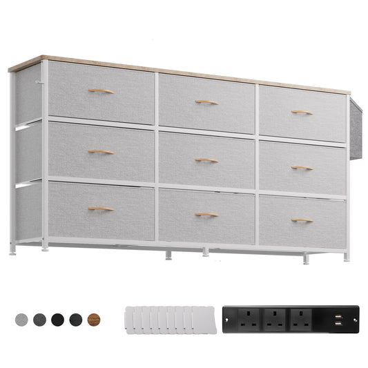 PURFINO Fabric Chest of Drawers - Large TV Stand for 43-65 Inch TVs with 9 Drawers, Label Cards, Side Pocket & Hook, Odor Free Storage Unit for Living