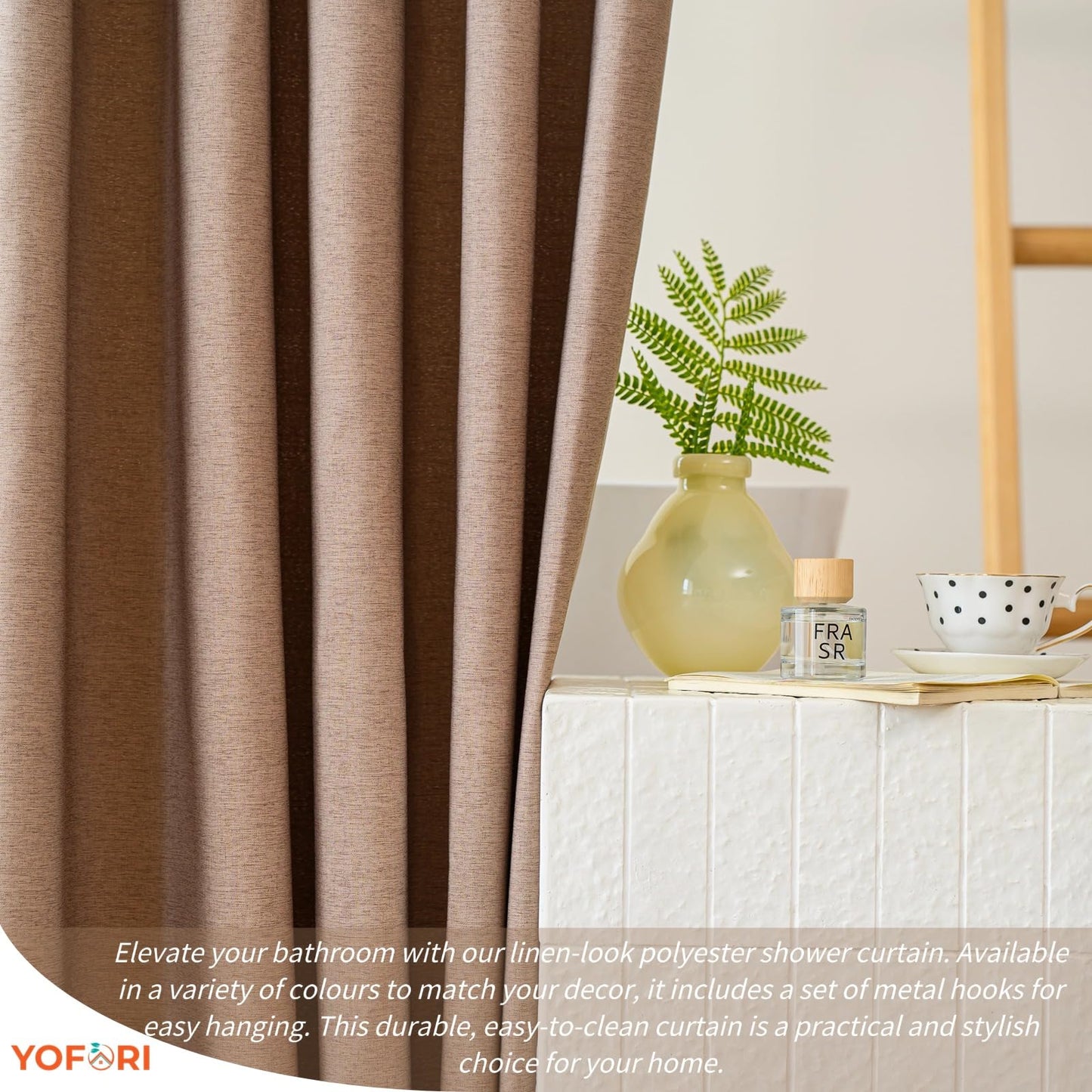 Yofori Khaki Shower Curtain for Bathroom, Fabric Shower Curtains Faux Linen Polyester Wet Room Shower Curtains Sets with Metal Hooks, 183x183cm