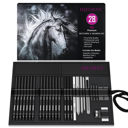 HIFORNY 28 PCS Sketching Drawing Pencil Set,Sketch Pencils Art Supplies with Graphite,Charcoal,Blending Tools,Accessories,Drawing Kit for Adults