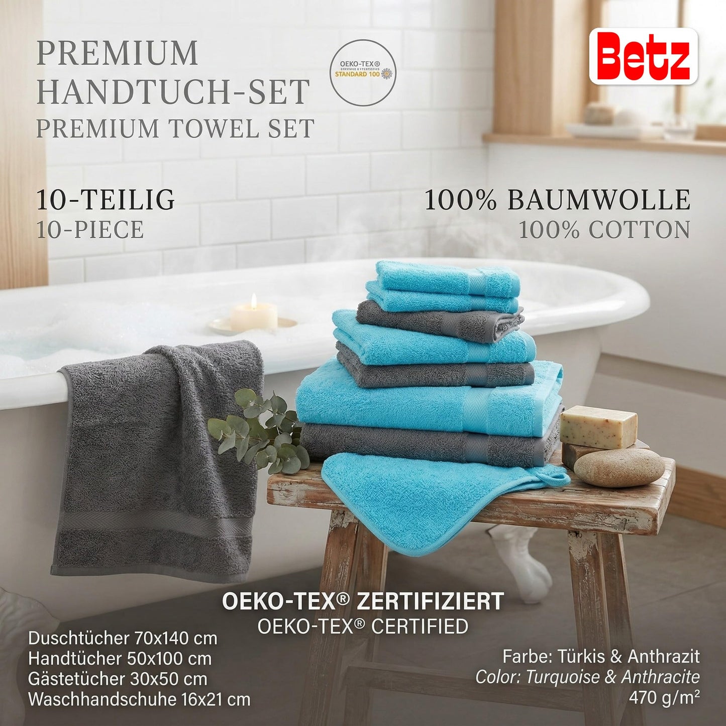 Betz 10 pcs. Towel set Premium 100% cotton 2 shower towels 4 hand towels 2 guest towels 2 washing gloves, color turquoise & anthracite gray