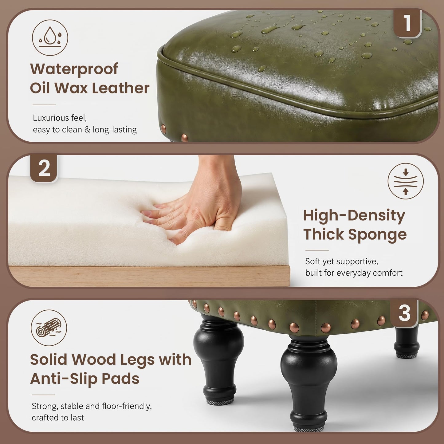 Cmishe Ottoman Leather Foot Rest with Thicker Foam Padded Seat, Footstool with Wooden Legs