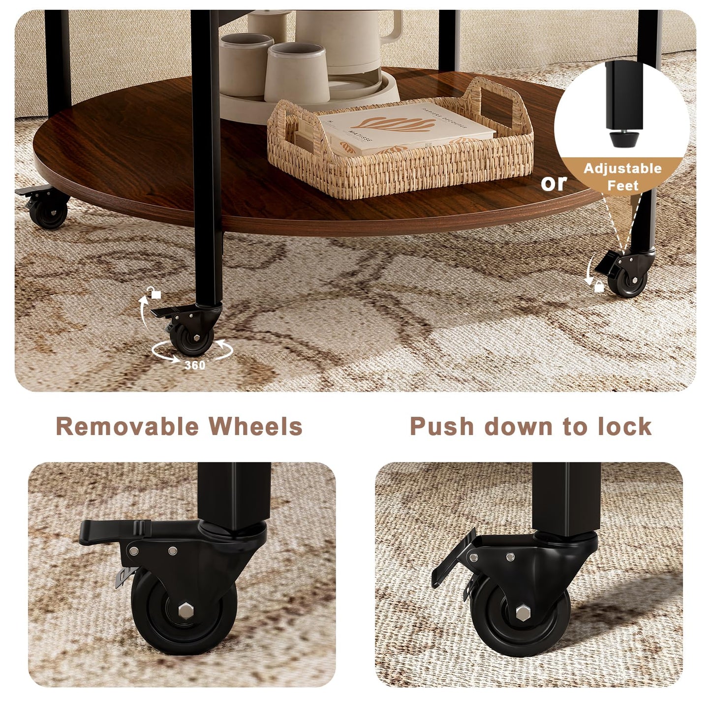 Mossora Espresso Round Lift Top Coffee Table with Lockable Wheels & Storage