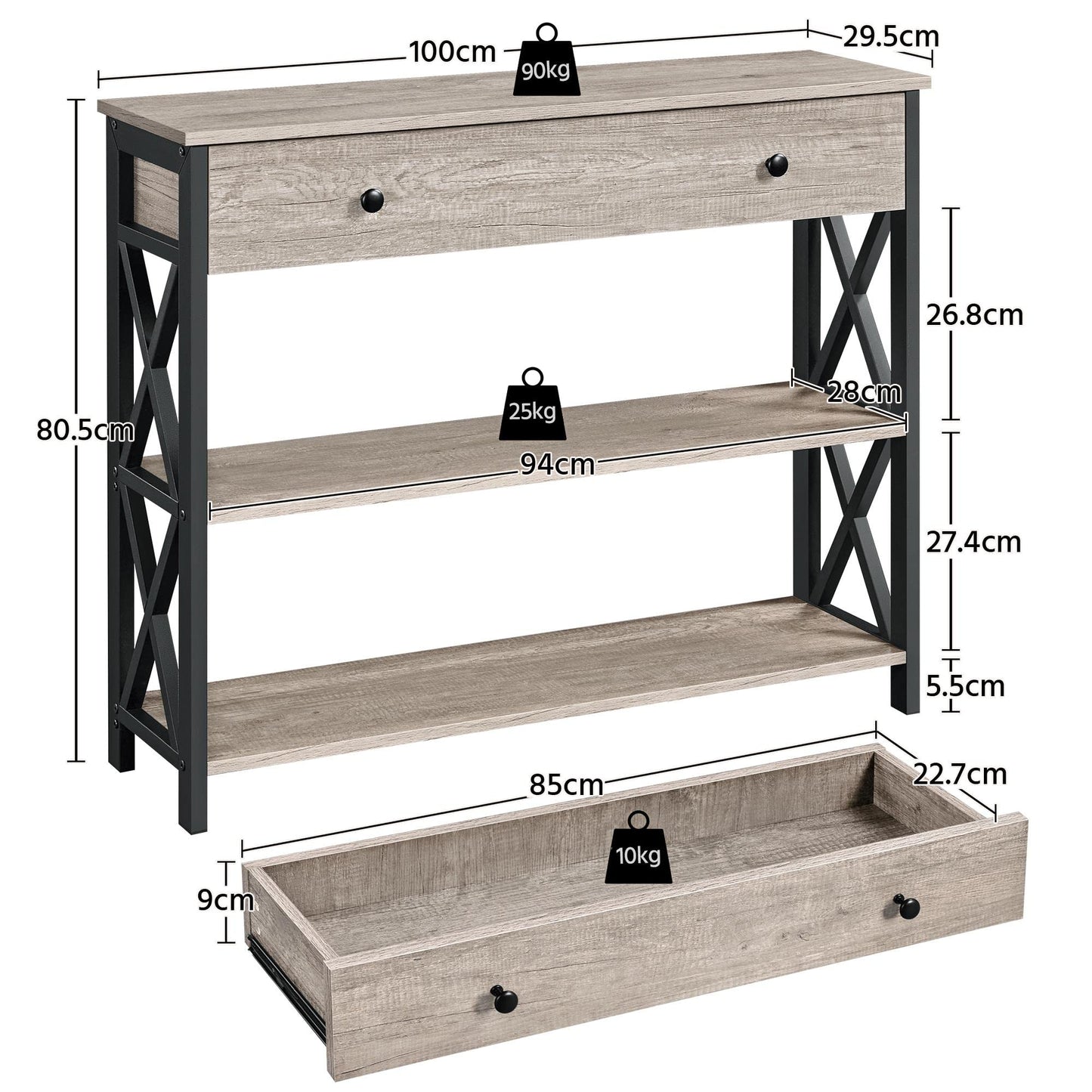 Yaheetech Console Table, Drawer & Shelves, 100 × 29.5 × 81 cm, Grey