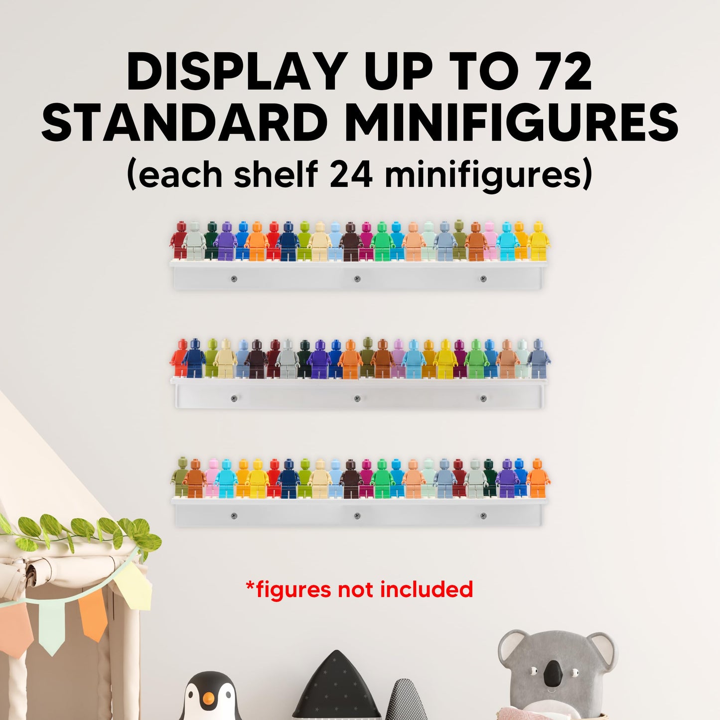 Tapeera 3-Pack Minifigure Display Shelves Compatible with LEGO, Acrylic Floating Shelf with Baseplate Studs