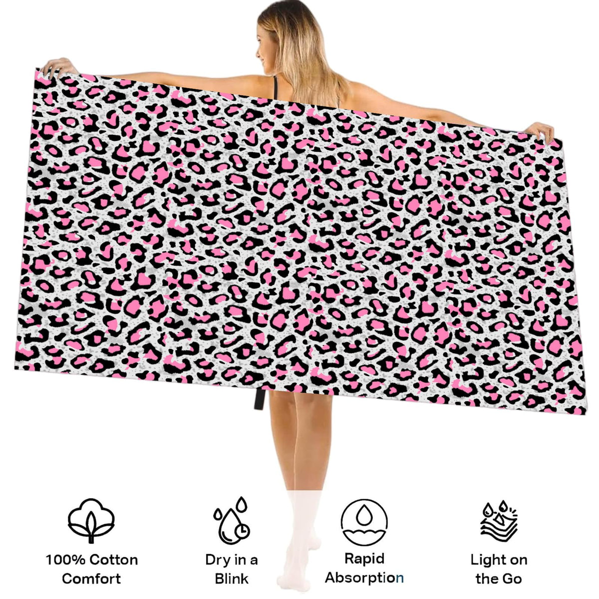 Large Quick Dry Microfibre Beach Bath Towel for Adult,Double Sides Pink Spots Leopard Sand Free Beach Towel with Bag,Lightweight Gym Yoga Sports