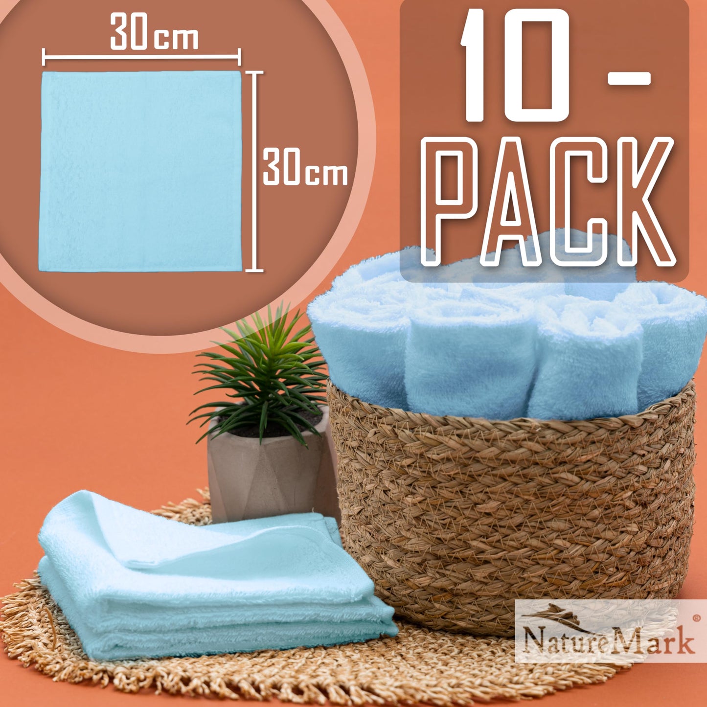 NatureMark Set of 10 Washcloths Made of 100% Cotton - Soft and Absorbent Face and Hand Towels - Practical for Bathroom and Kitchen - 30 x 30 cm