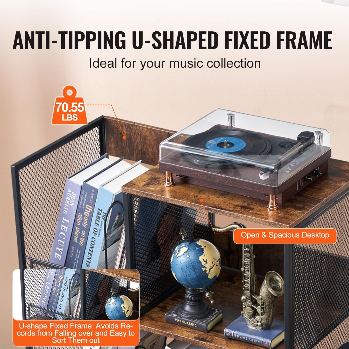 VEVOR 3-Tier Record Player Stand with Guitar Holder, Turntable Stand with Storage Holds Up to 300 Albums