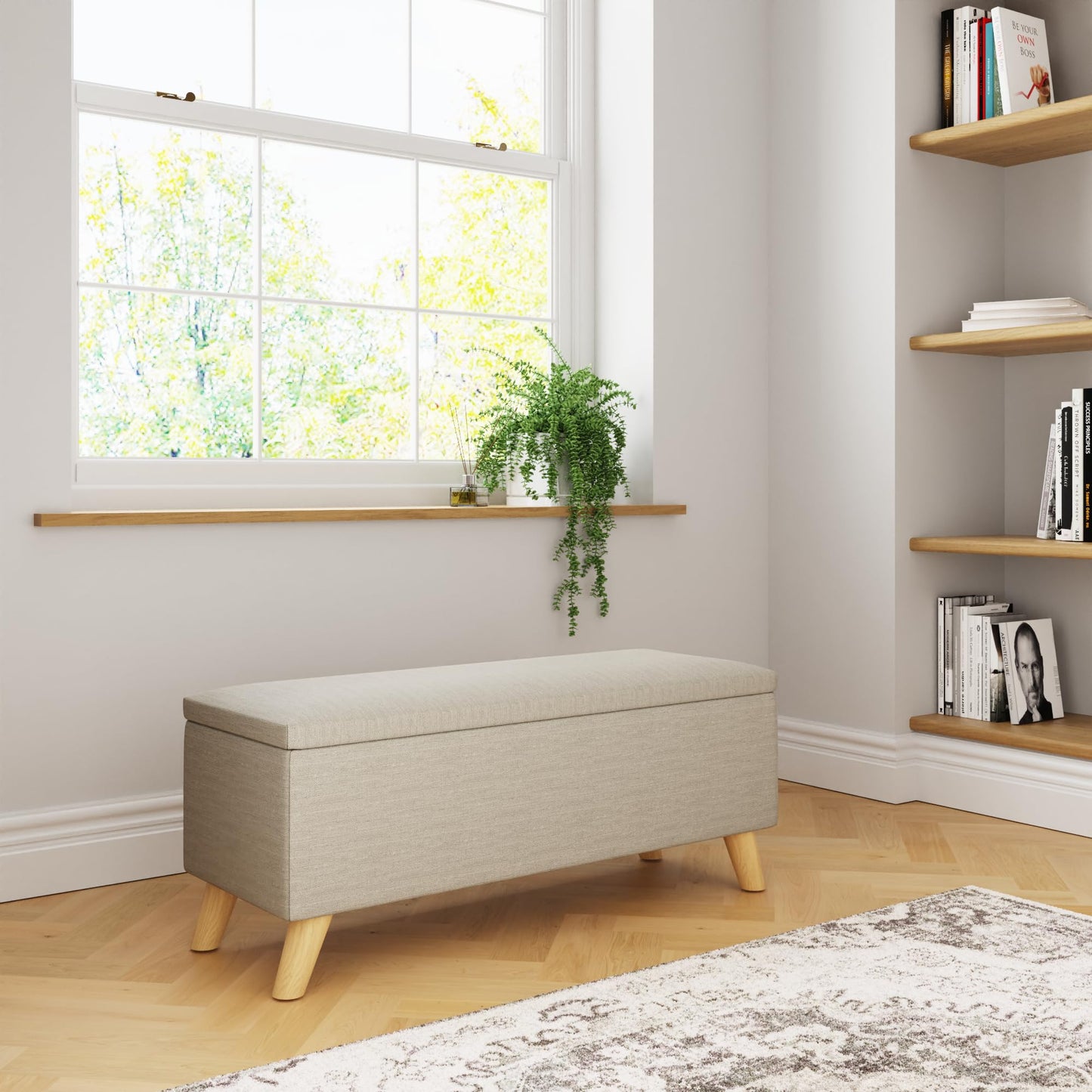 GFW Secreto Ottoman Storage Bench in Natural Fabric, Upholstered Footstool with Wooden Legs & Hidden Storage