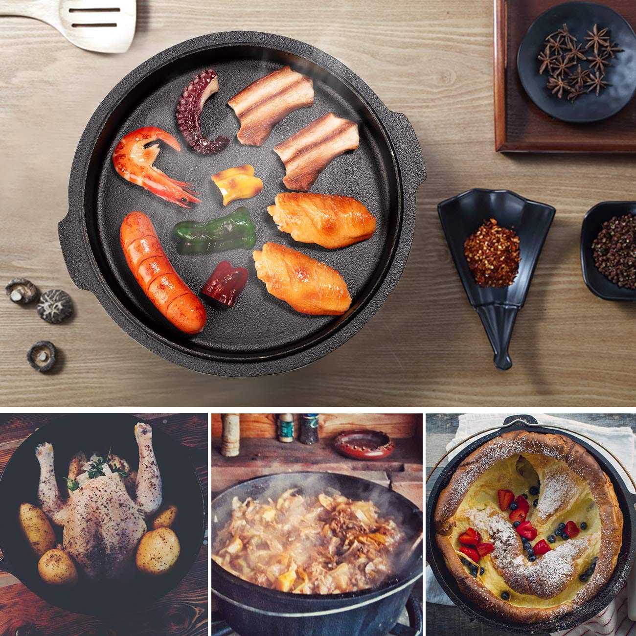 Overmont Overmont 8.8L/ 9Quart All-Round Dutch Oven Dual Function Lid Griddle with Lid Lifter Camping Pre Seasoned Cast Iron Pot