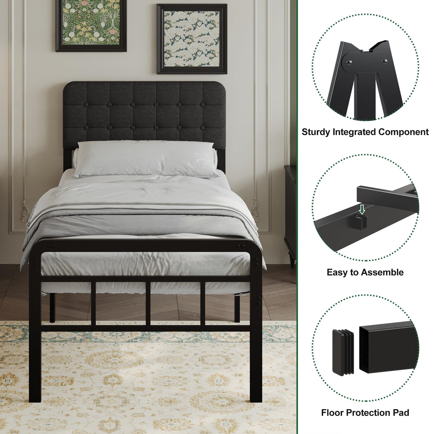 EMODA 3ft Single Bed Frame with Upholstered Headboard and Footboard