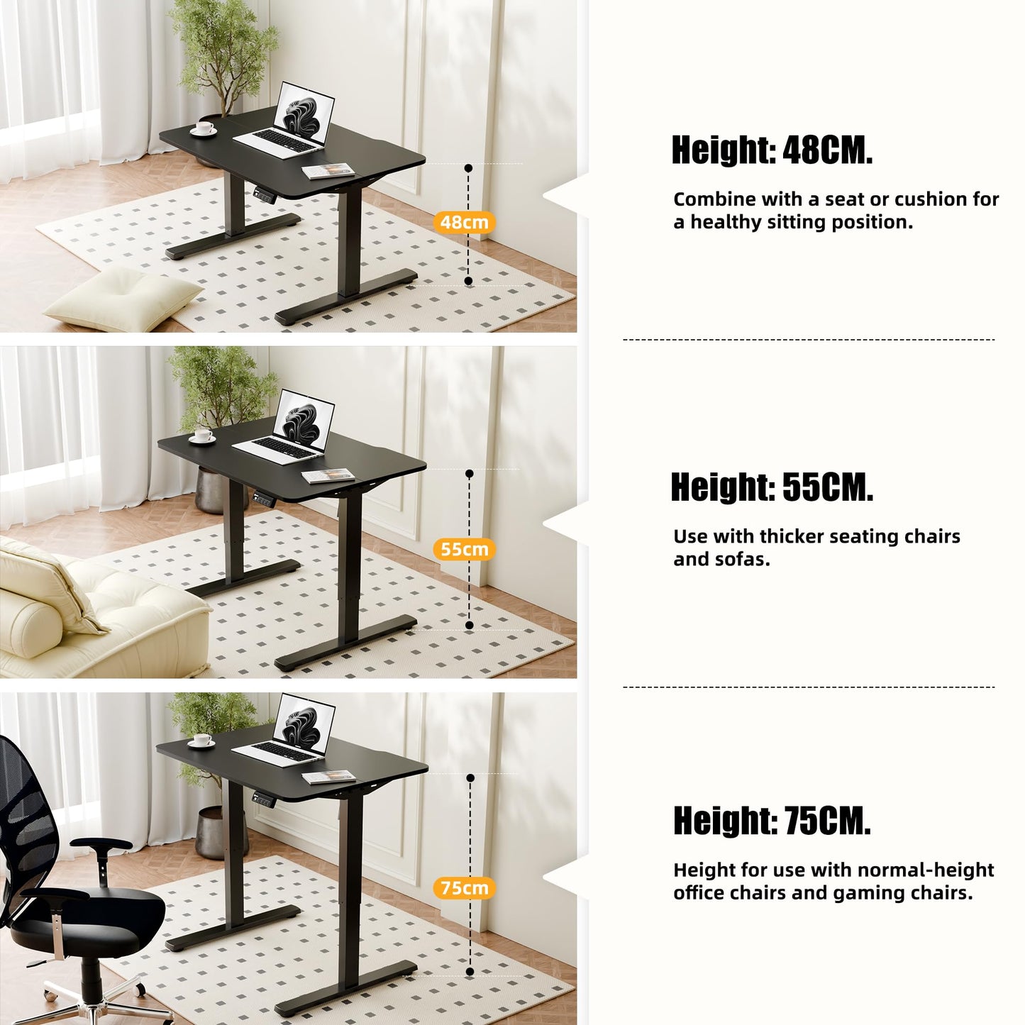 ERGOMAKER Low Height Electric Standing Desk, Lifts 48-75cm, 80x60cm, Black