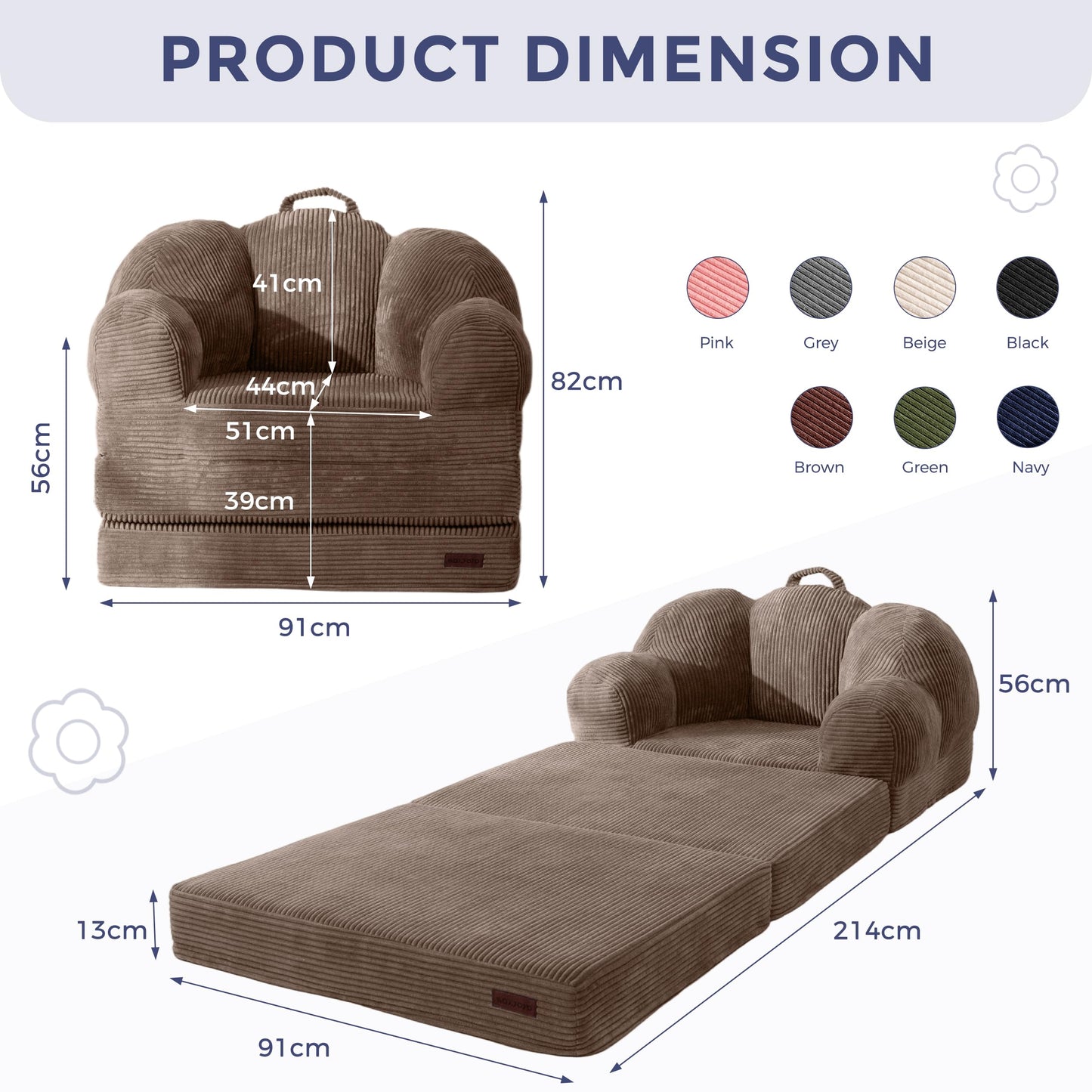 MAXYOYO Folding Sofa Bed with Backrest, Floral Shaped 2 in 1 Convertible Sofa to Comfy Faux Fur Bean Bag Chair for Adults