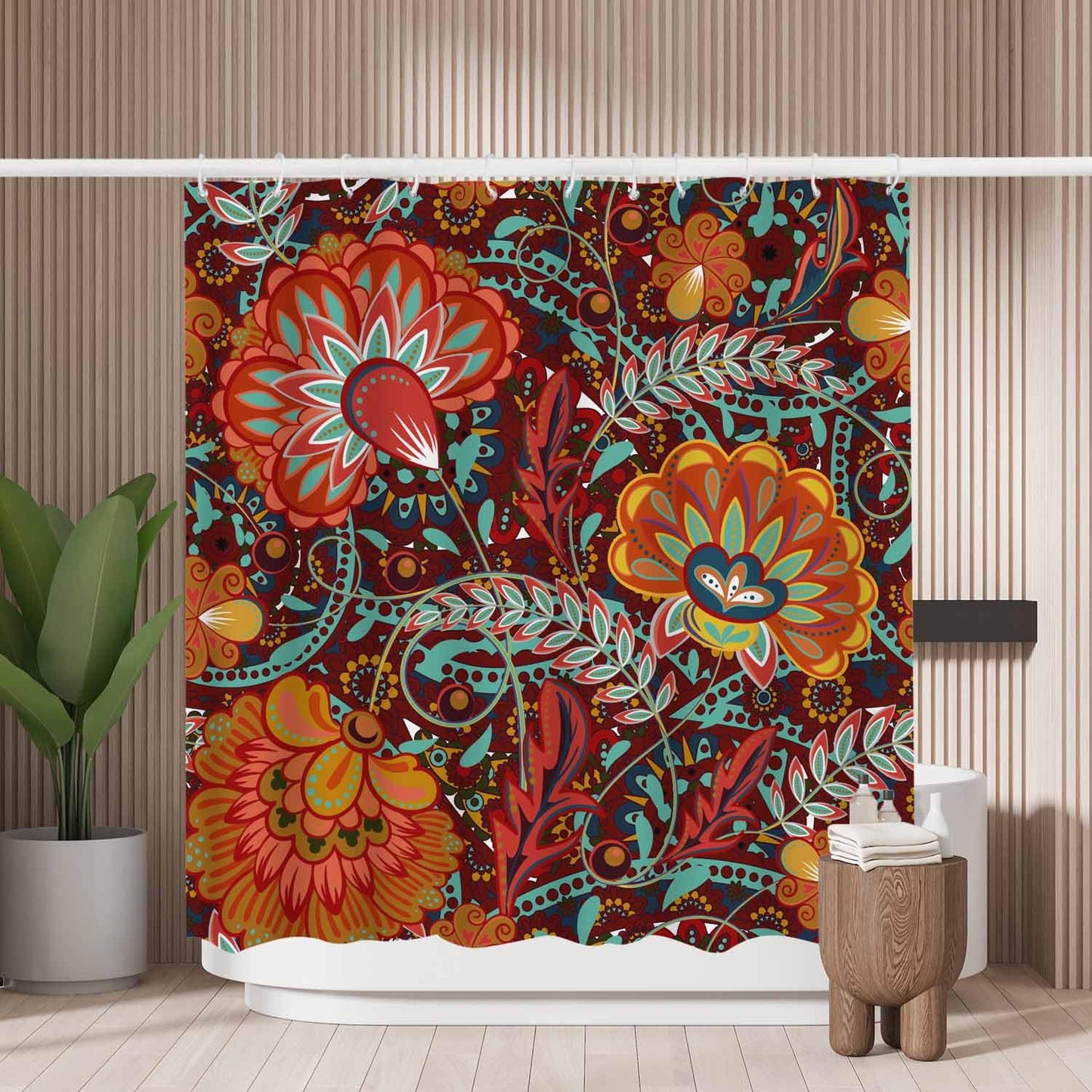 Woutay Shower Curtain Mould Proof Resistant Hand Draw Fantasy Flowers,Water Repellant Fabric,Polyester,with 12 Plastic Hooks,Size 180x180CM