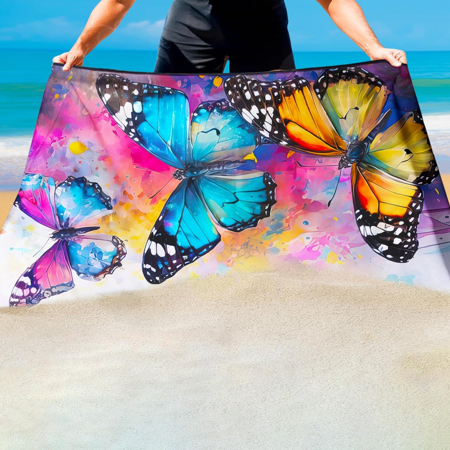 Violetpos Watercolor Butterfly Beach Towel, Extra Large 180x90 cm 250GSM Microfibre, Sand Free Quick Dry