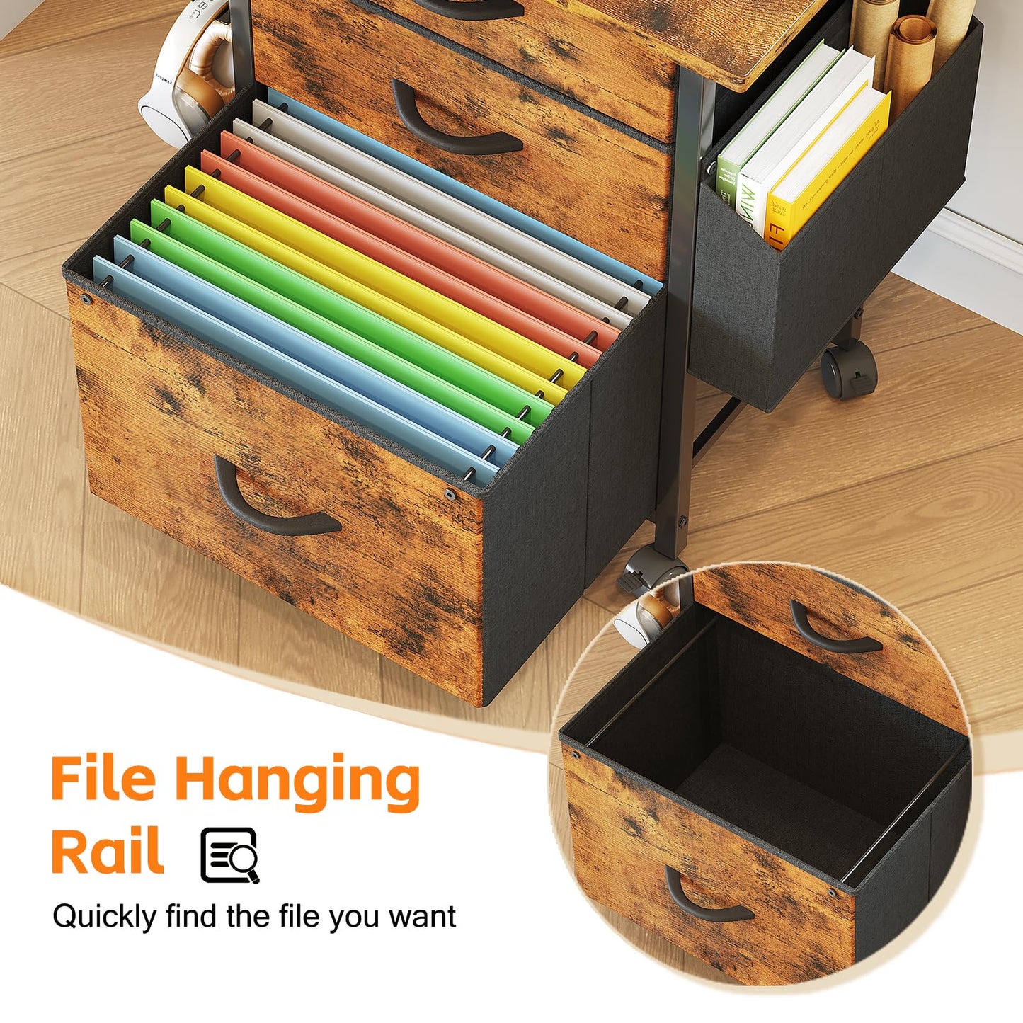 CAIYUN Filing Cabinet with 3 Fabric Drawers, Mobile File Cabinet on Wheels & Adjustable Feet, Rolling Under Desk Cabinet