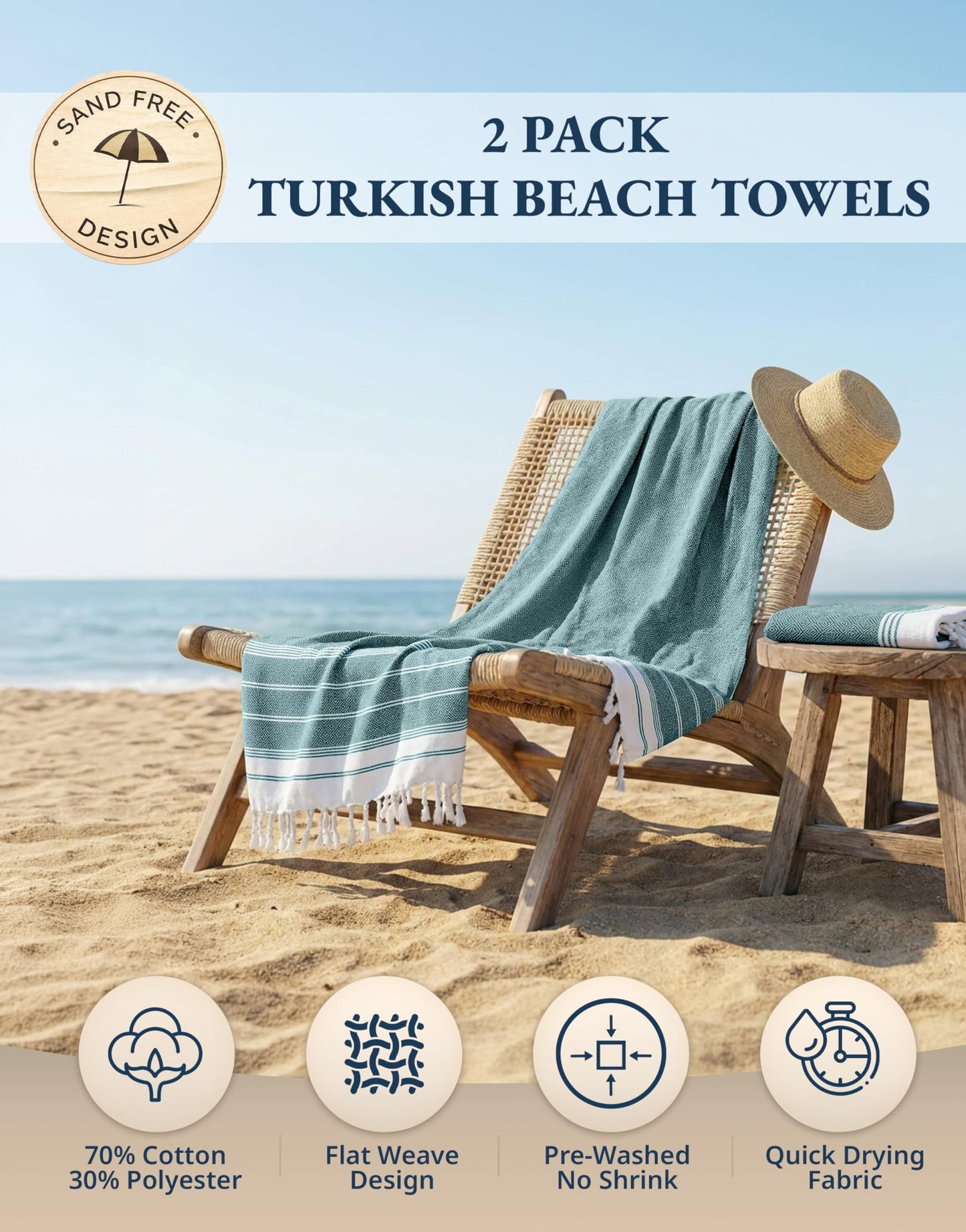 LANE LINEN Turkish Beach Towels, 2 Pack Extra Large Beach Towel, Pre-Washed for Soft Feel, Cotton Rich Oversized Sand Free Quick-Dry Pool Towel