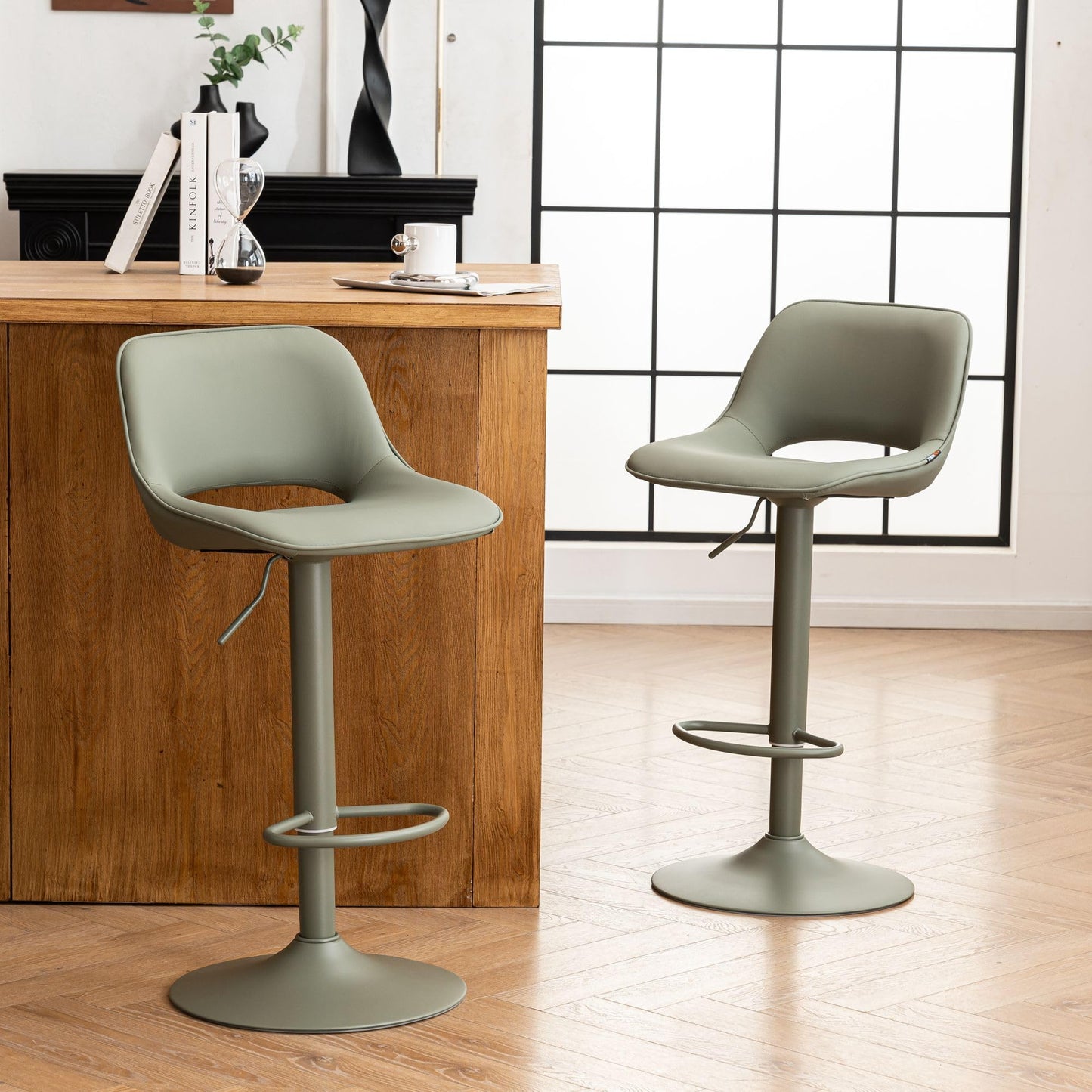 YOUNIKE Bar Stool Set of 2 Modern Swivel, Adjustable Counter Height with Faux Leather Upholstered Hollow Back for Kitchen Island, Olive Green