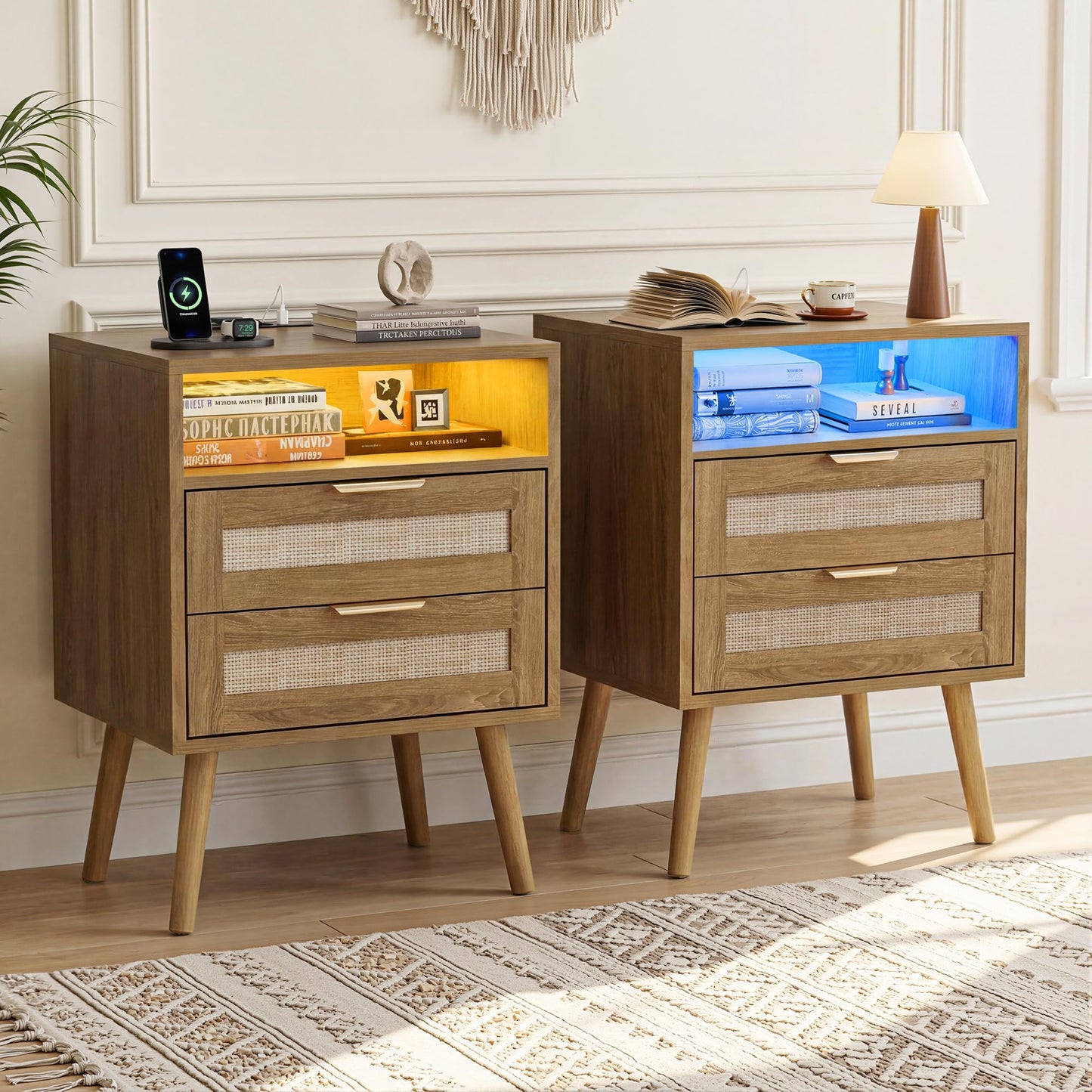 BonVache Bedside Tables Set of 2, Adjustable Lighting, Nightstand with LED Lights and Charging Station, Open Compartment and 2 Rattan Drawers