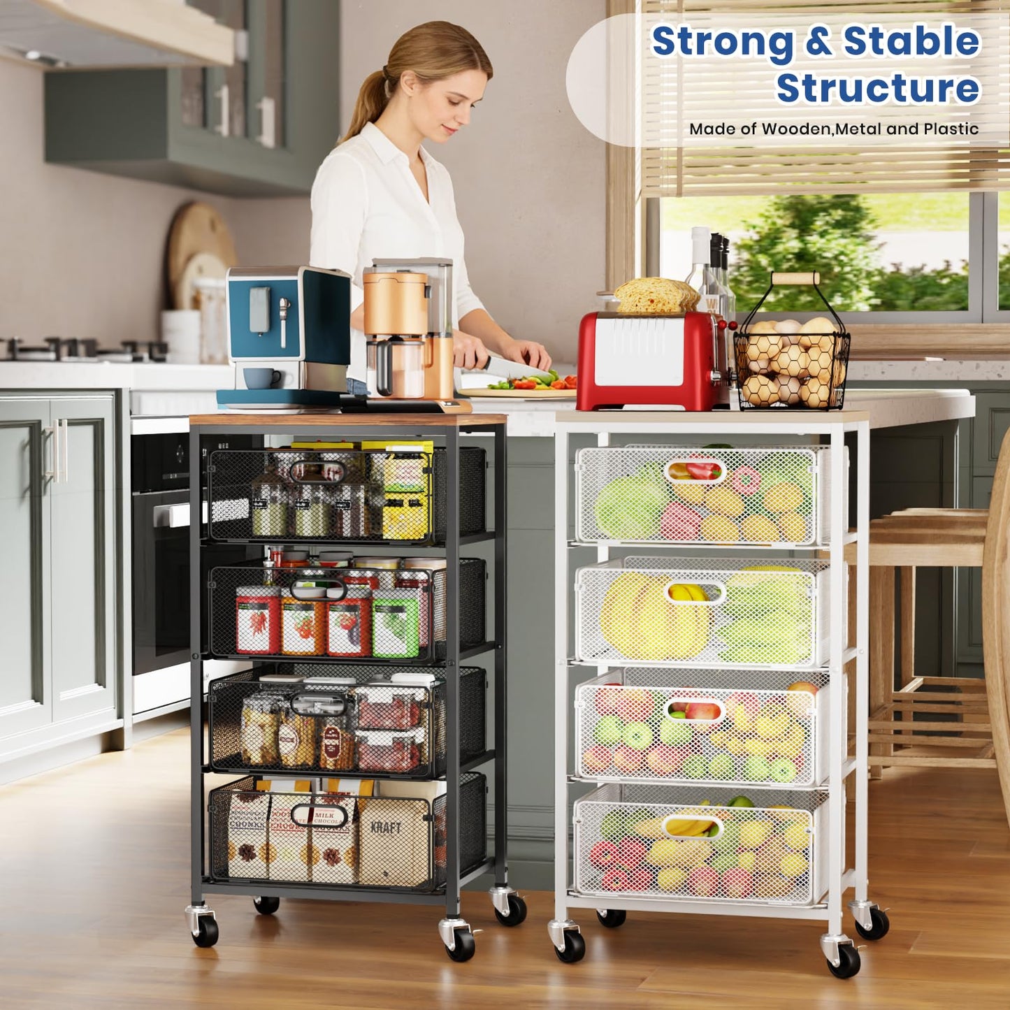 WELDUN Rolling Cart with Drawers, 4-Tier Craft Storage Cart with Lockable Wheels, Metal Storage Drawer Cart Craft Organizer Art Cart for Kitchen