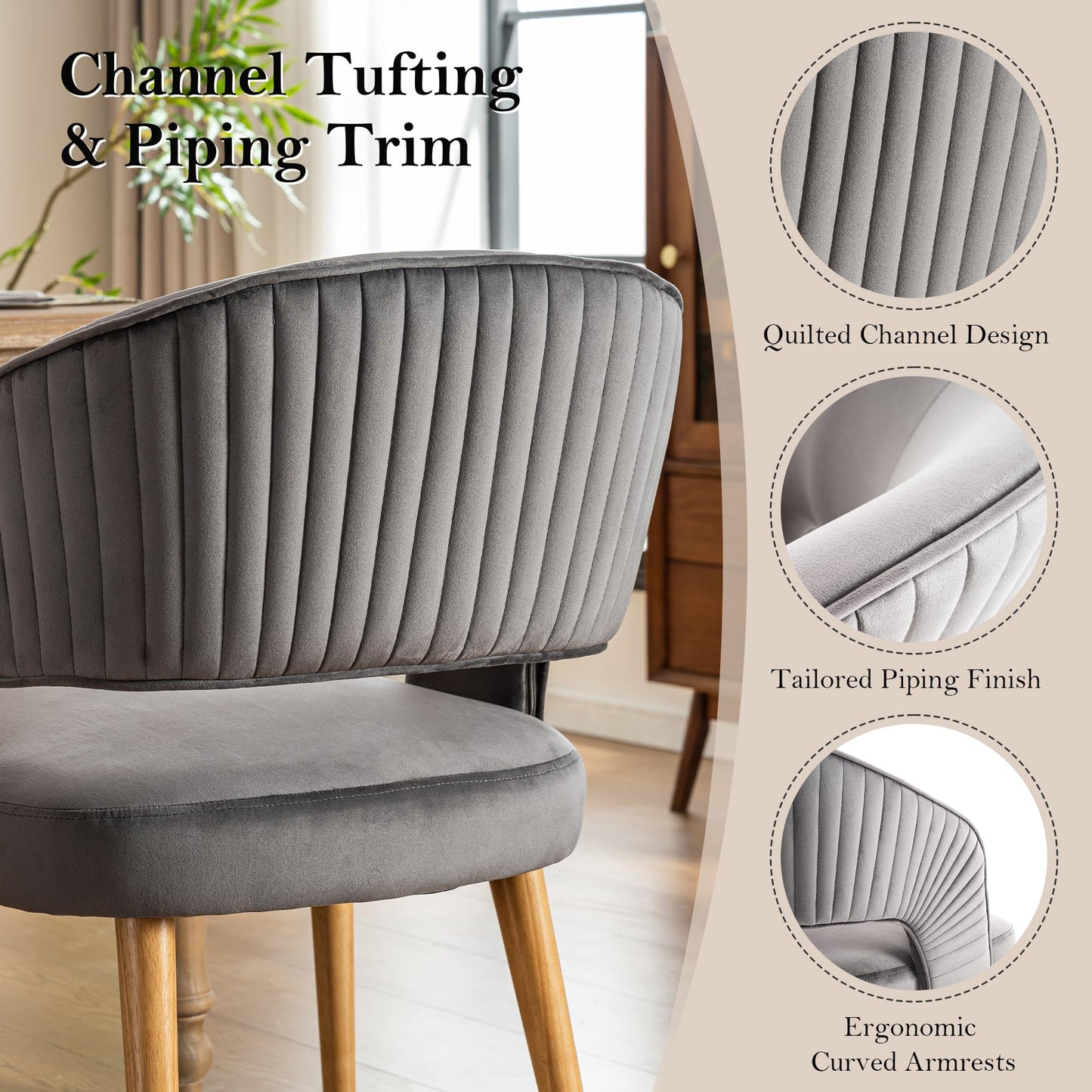 younturn Modern Velvet Upholstered Dining Chairs Set of 2, Comfortable Padded Kitchen Chairs with Armrests