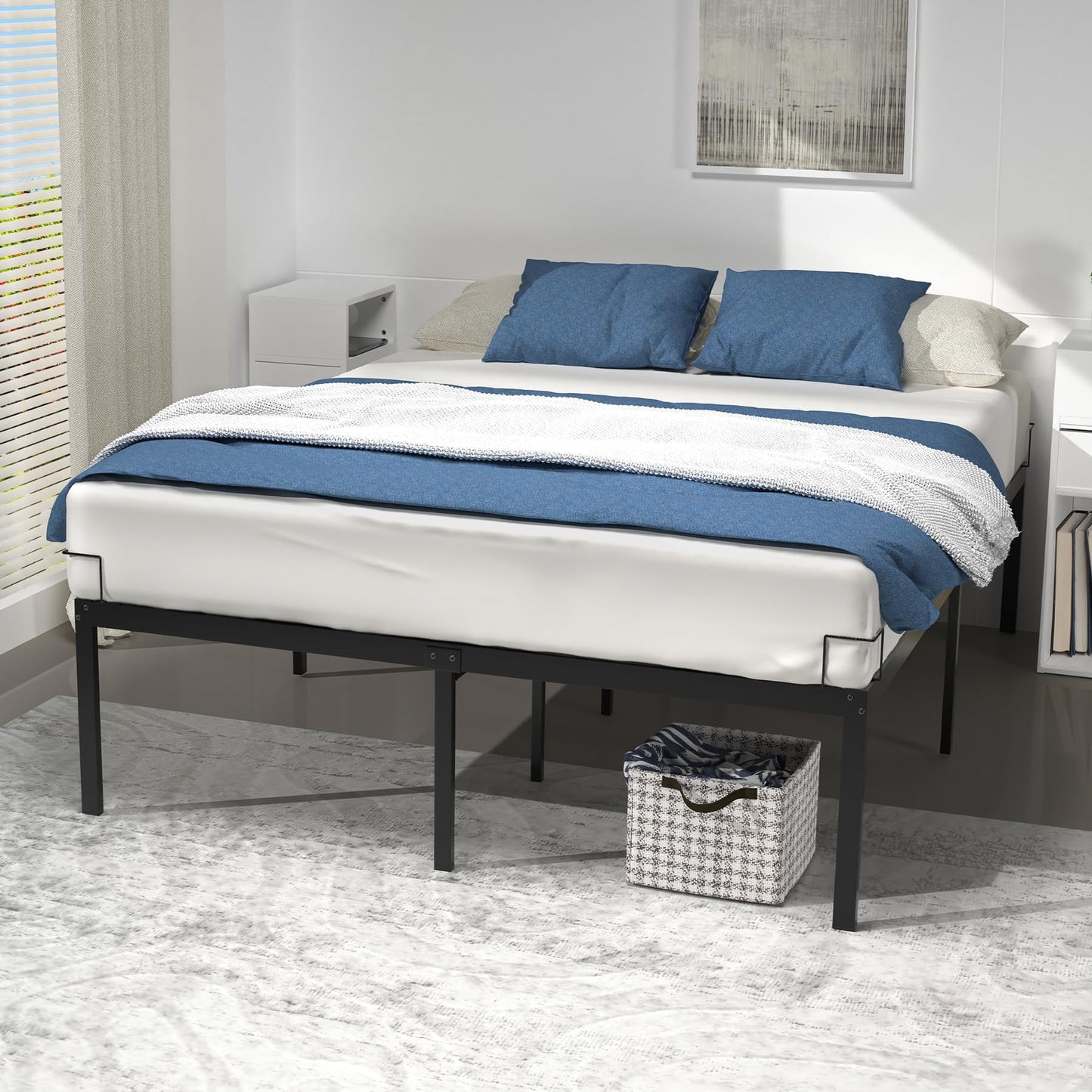 VOUNOT Double Bed Frame 135 x 190 cm - Sturdy Metal Bed Frame with Steel Slat Support - 36cm Height Storage Space Under the Bed - Black