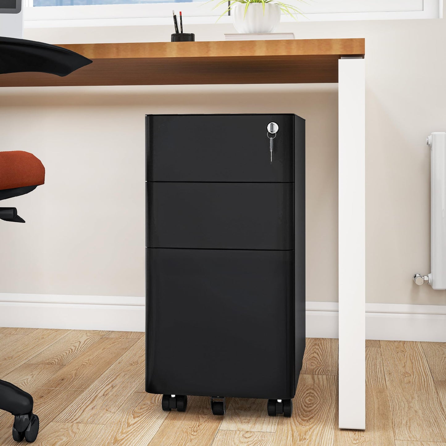 DWVO 3 Drawer Lockable Filing Cabinet Mobile Steel Office Black 30x45x61cm