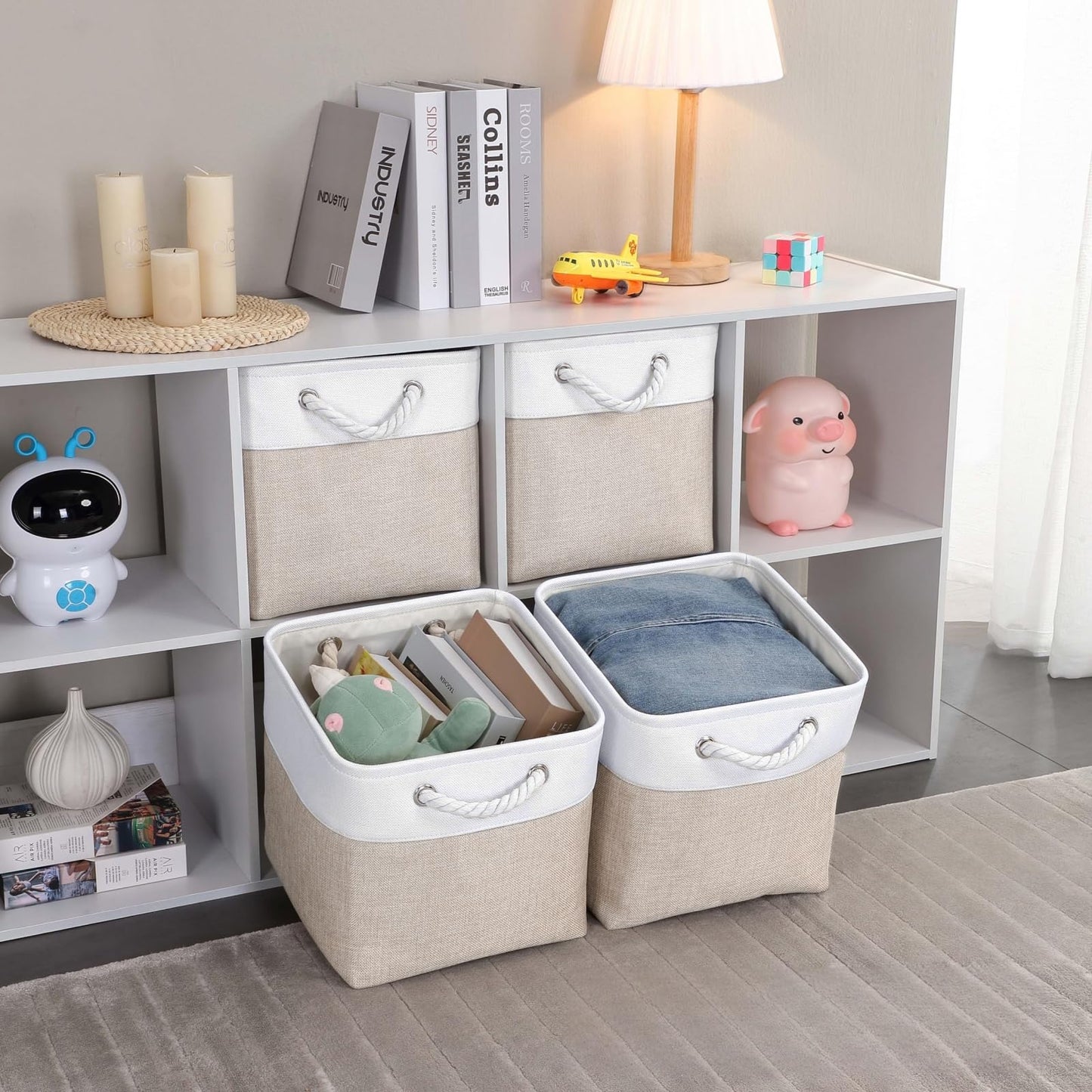 Mangata Fabric Storage Boxes, 25x25x25cm Cube Storage Boxes for Organizing Clothes Shelf Nursery Home Closet(Light Beige/White, Set of 3)