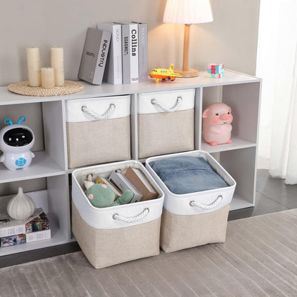 Mangata Fabric Storage Boxes, 25x25x25cm Cube Storage Boxes for Organizing Clothes Shelf Nursery Home ClosetLight Beige/White, Set of 3