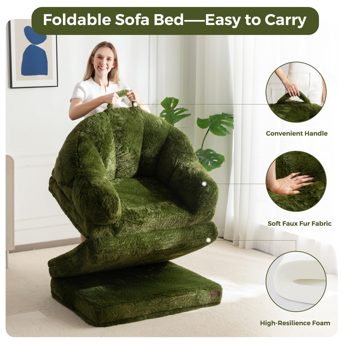 MAXYOYO Single Sofa Bed, Folding Bean Bag Chair, Faux Fur Fabric