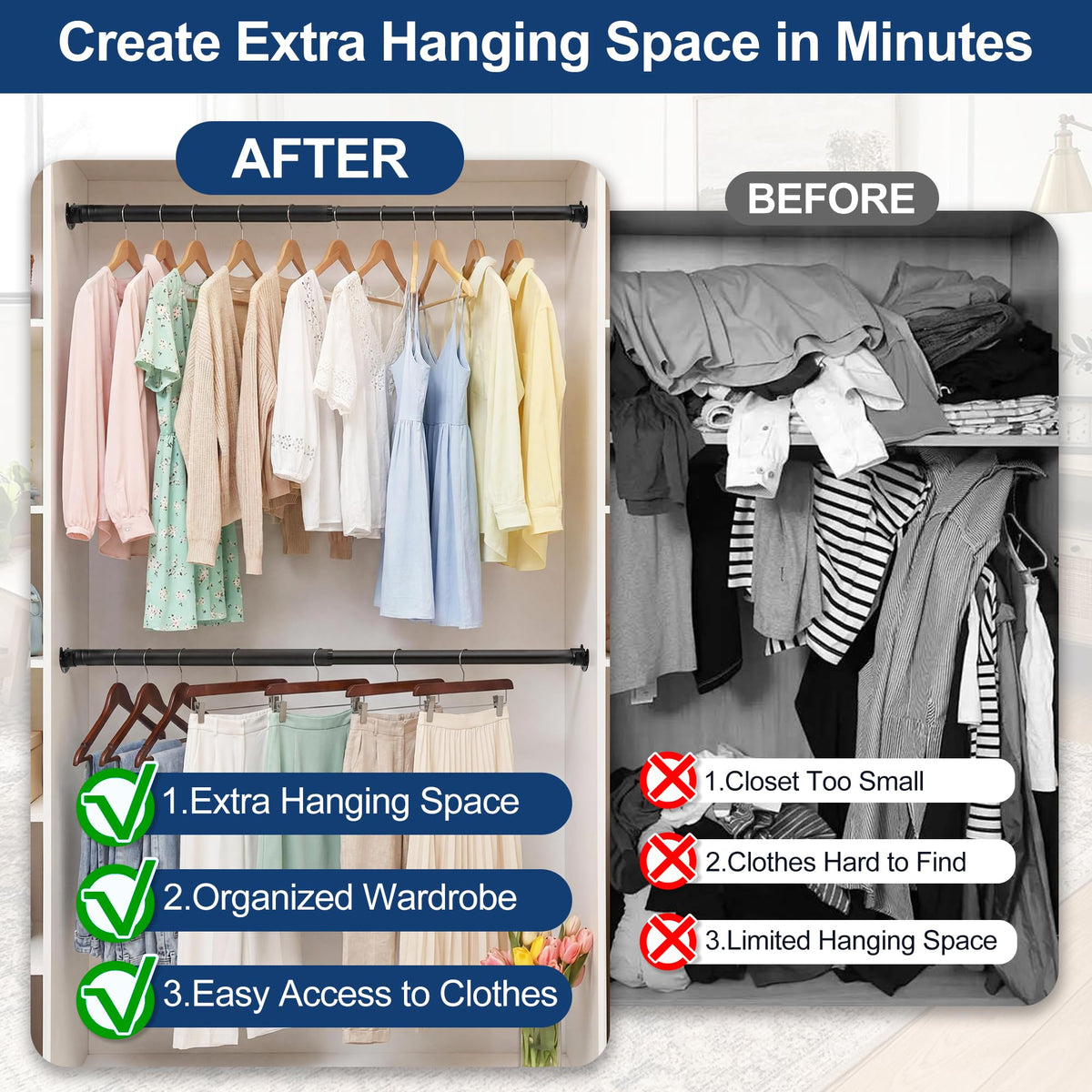 Wardrobe Rail,Extendable Clothes Rails, Stainless Steel adjustable wardrobe pole with Fixing Sockets and Screws for Wardrobe and Cupboard