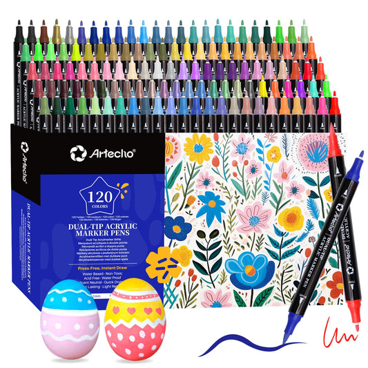 Artecho Acrylic Paint Markers 120 Colors, Acrylic Paint Pens with Brush Tip and Fine Tip for Stone, Rock Painting, Paper, Pumpkin, Wood, Egg, Canvas,