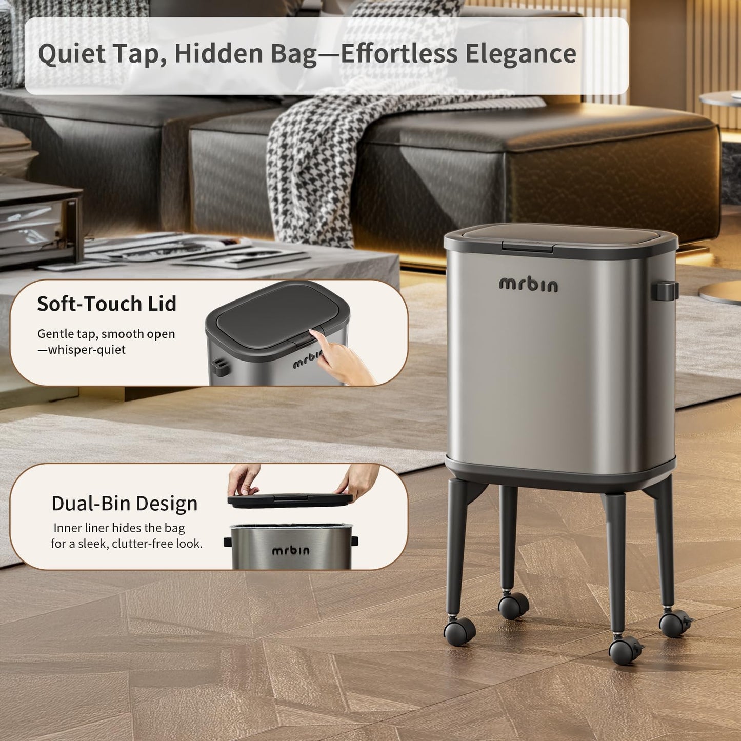 MRBIN Stainless Steel Slim Bathroom Trash Can with Legs and Wheels, 15L / 4gal Toilet Press Lid Waste Basket