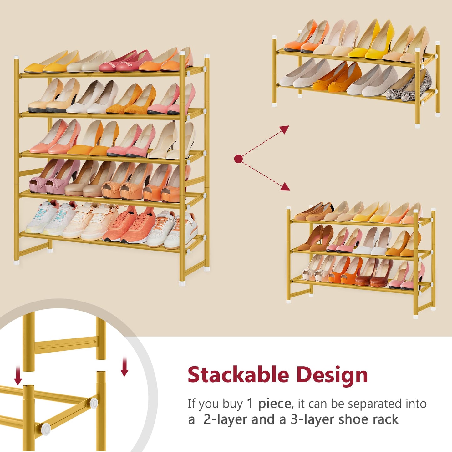 Tajsoon Expandable Shoe Rack for Closet 5 Tier, 29“-41“Adjustable & Stackable Shoe Shelf Storage, Metal Shoe Rack Organizer for Front Door Entrance