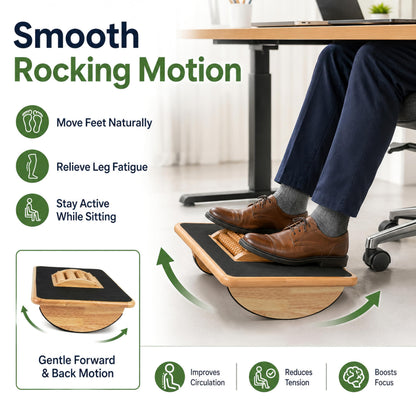 Foldable Under Desk Foot Rest, Wooden Rocking Footrest with 4 Massage Rollers, Natural Rubber Wood Ergonomic Foot Stool with Silicone Anti-Slip