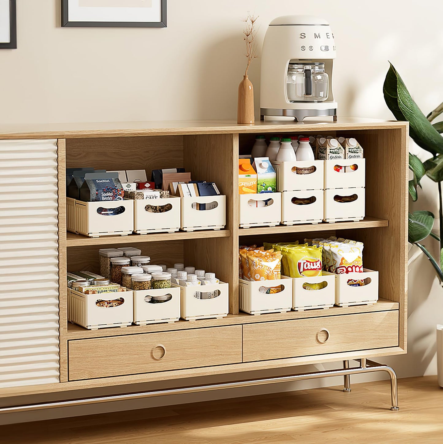 ZLLkeji Plastic Storage Baskets adjustable Cupboard Organizer Basket Storage Bin for Kitchen, Cupboard, Office, Bathroom