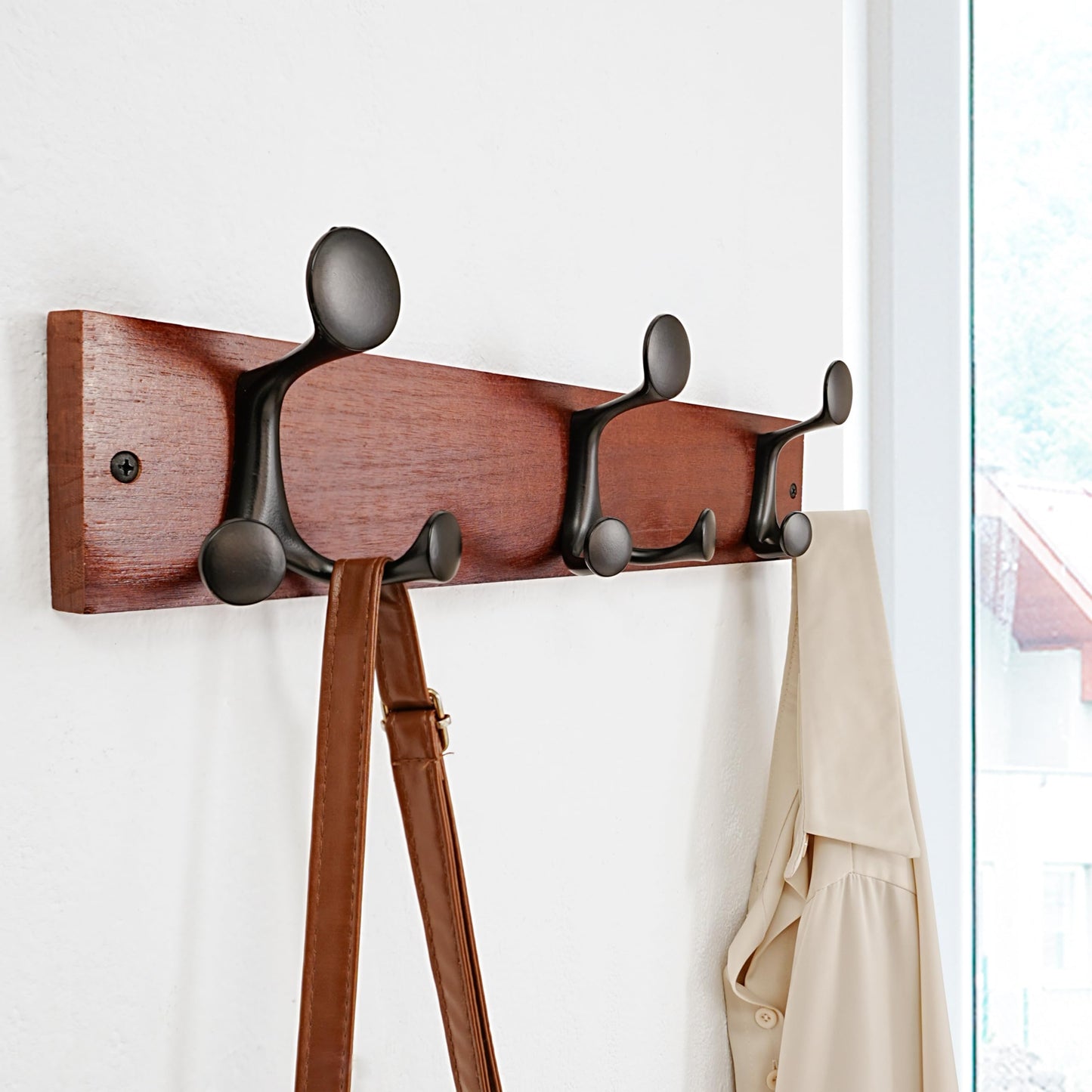 SKOLOO 43cm Cherry Wood Coat Rack Wall Mount with 3 Triple Hooks - Ideal for Family Entrances, Classrooms, and Pet Supplies Storage
