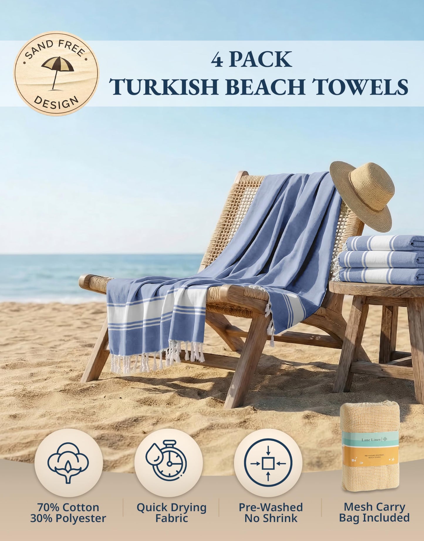 Lane Linen Beach Towels 4 Pack Oversized - Cotton Rich Turkish Towel Set, Pre-Washed Oversized Beach Towel, Quick Dry Beach Towels For Travel