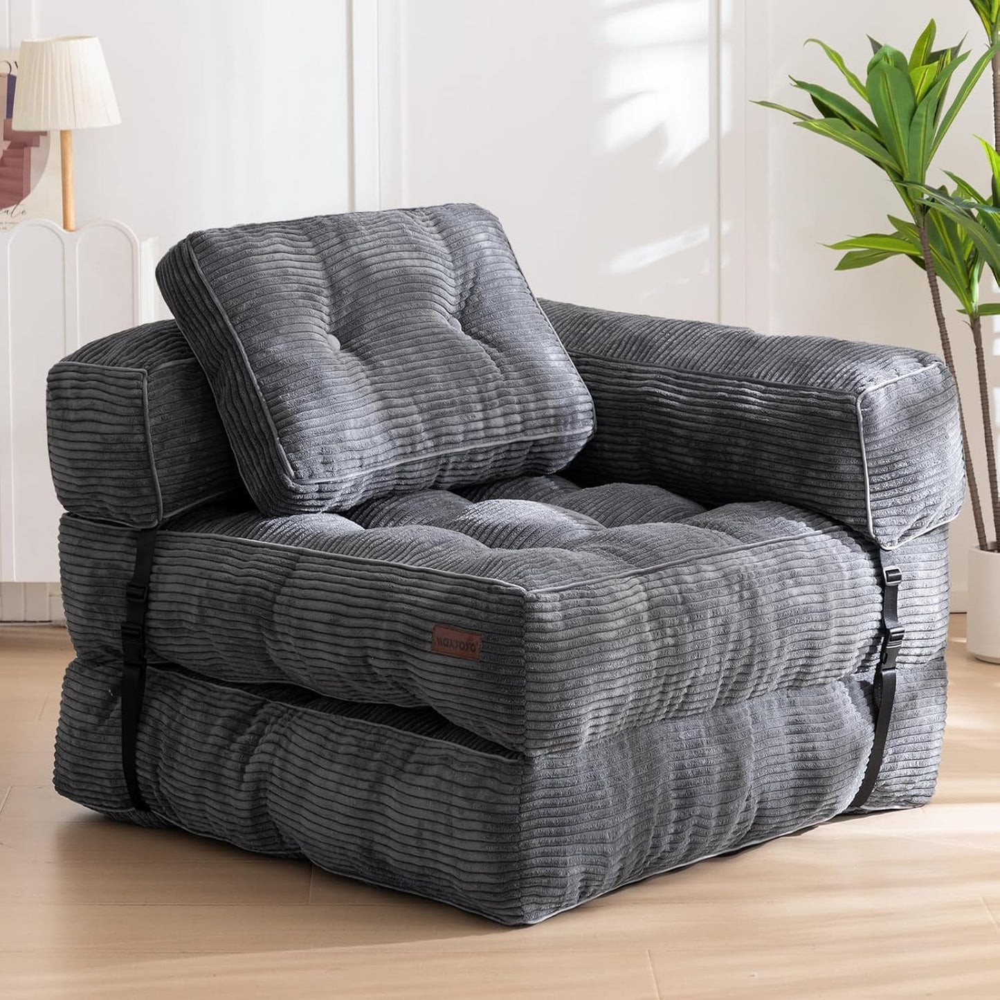 MAXYOYO Foldable Sofa Bed,Bean Bag Couch Convertible Sleeper Chair with Armrest L-Shaped Floor Lounge Sofa with Pillow Portable Lounge Seat for