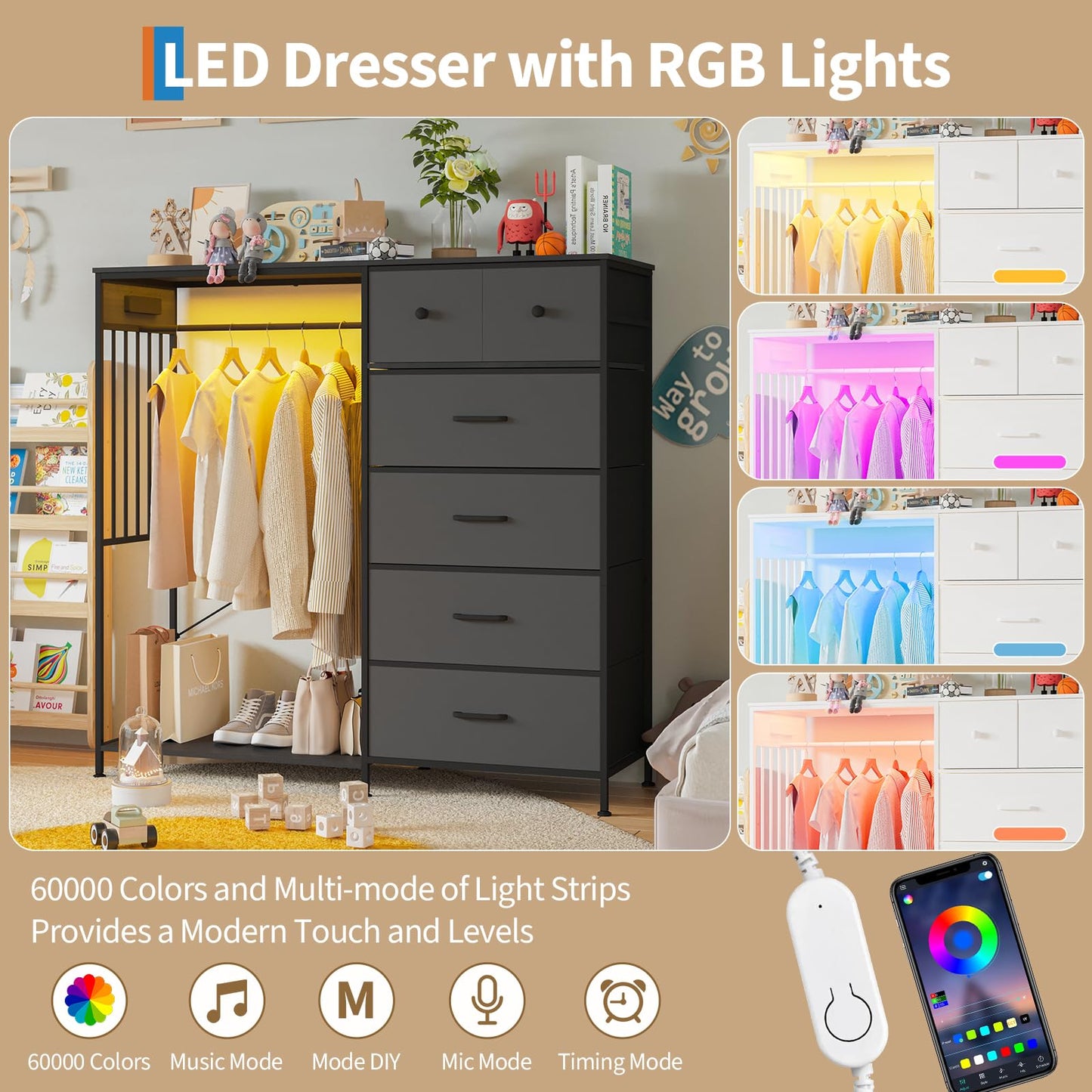 GarveeLife 49.2" w Drawer Cabinet with Hanging Rod - Metal Frame Drawer Cabinet, 6 Drawer Storage Cabinet, Led Lights & Charging Station