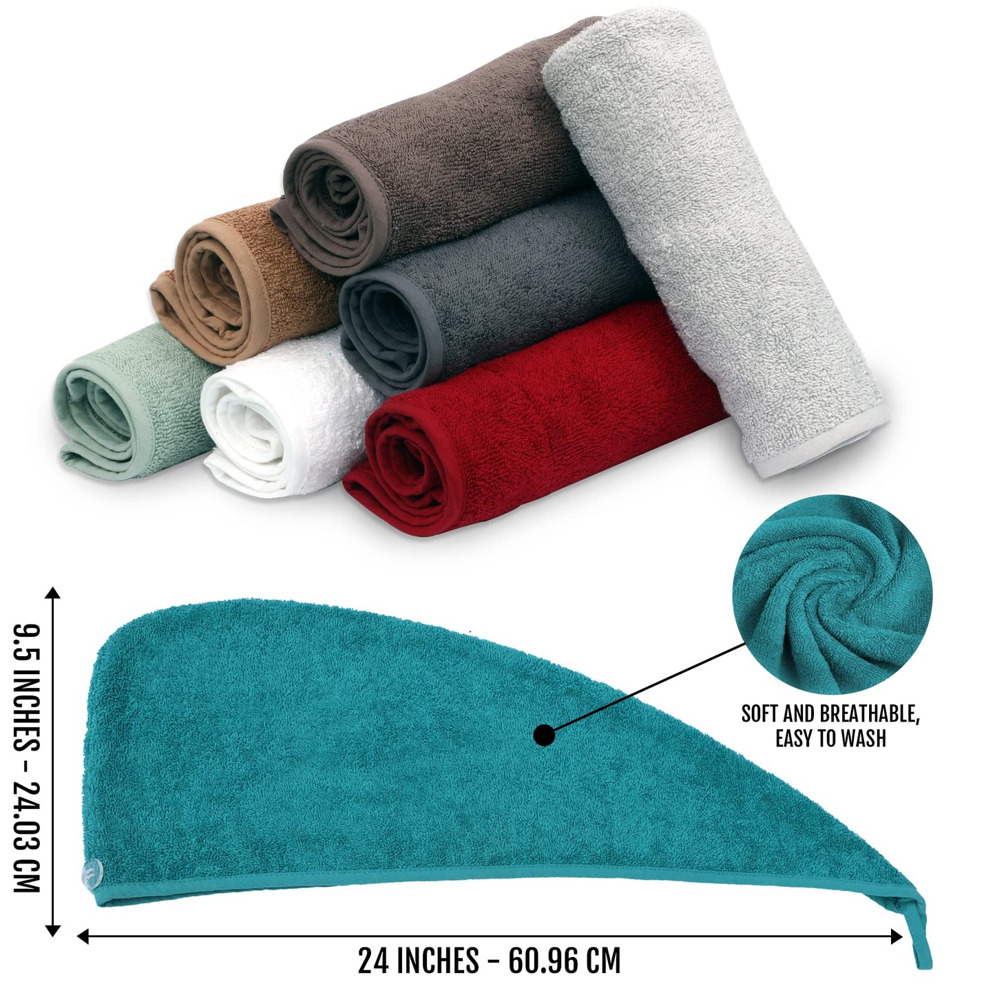 LUXURY Hair Towel Wrap 100% Cotton, Instant Drying Lightweight Turban Cap Super Quick Absorbent Anti-Frizz Twist Toweling Dry Hat with Button Loop
