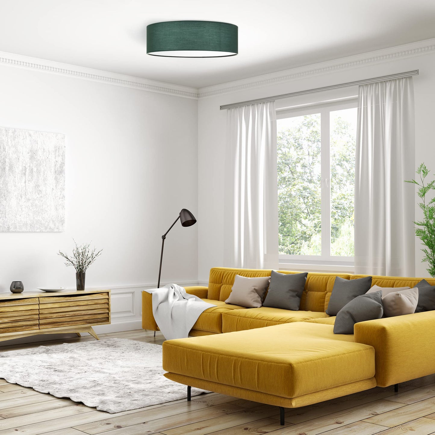 Navaris Round Fabric LED Ceiling Light - 40cm (15.8") Diameter Remote Controlled Round Flush Mount Ceiling Lamp with Dimmer, Temperature Change - Dark