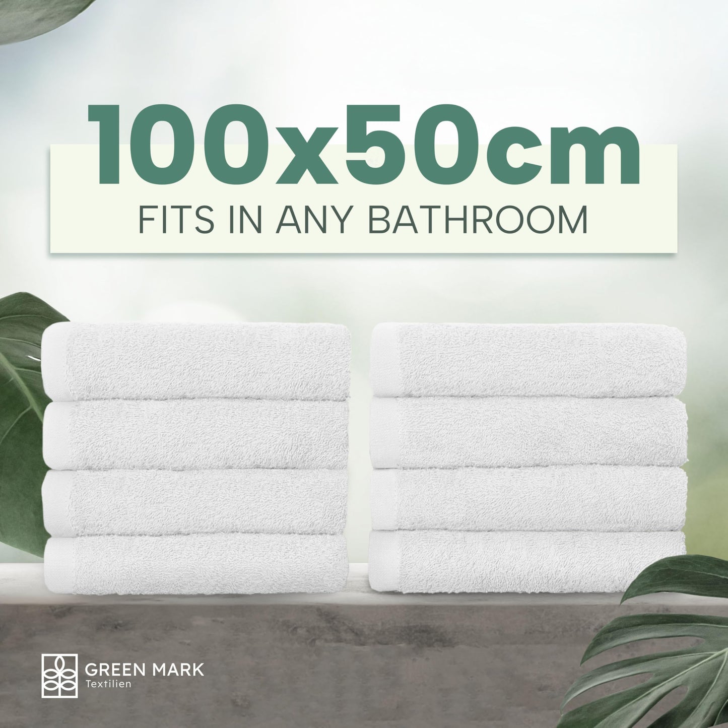 GREEN MARK Hand Towels - Set of 8 – 100% Cotton, Soft & Absorbent, Premium Quality for Bathroom, Spa and Gym, 50 × 100 cm, White