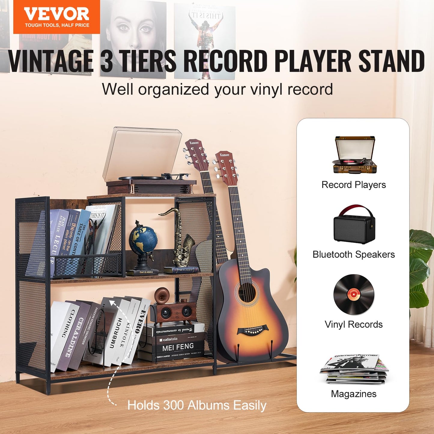 VEVOR 3-Tier Record Player Stand with Guitar Holder, Turntable Stand with Storage Holds Up to 300 Albums